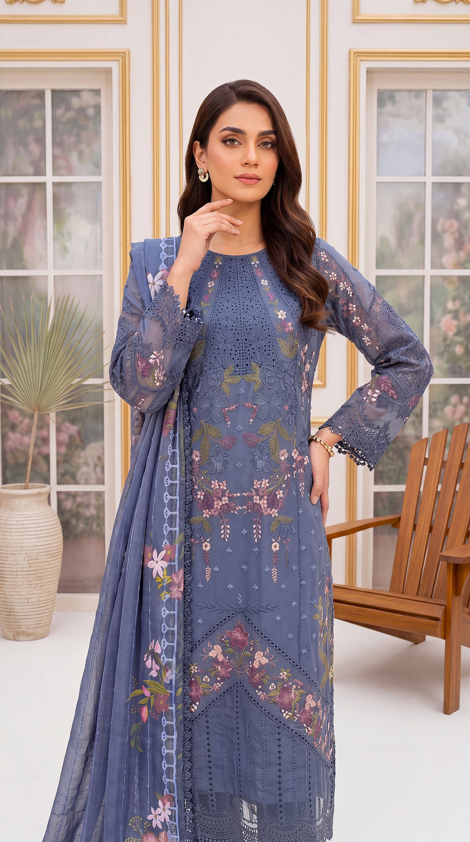 Emerald Green Contrast Piping & Cotton Net Dupatta 3 Piece Women Suit - PL00686 NAVEY / SML