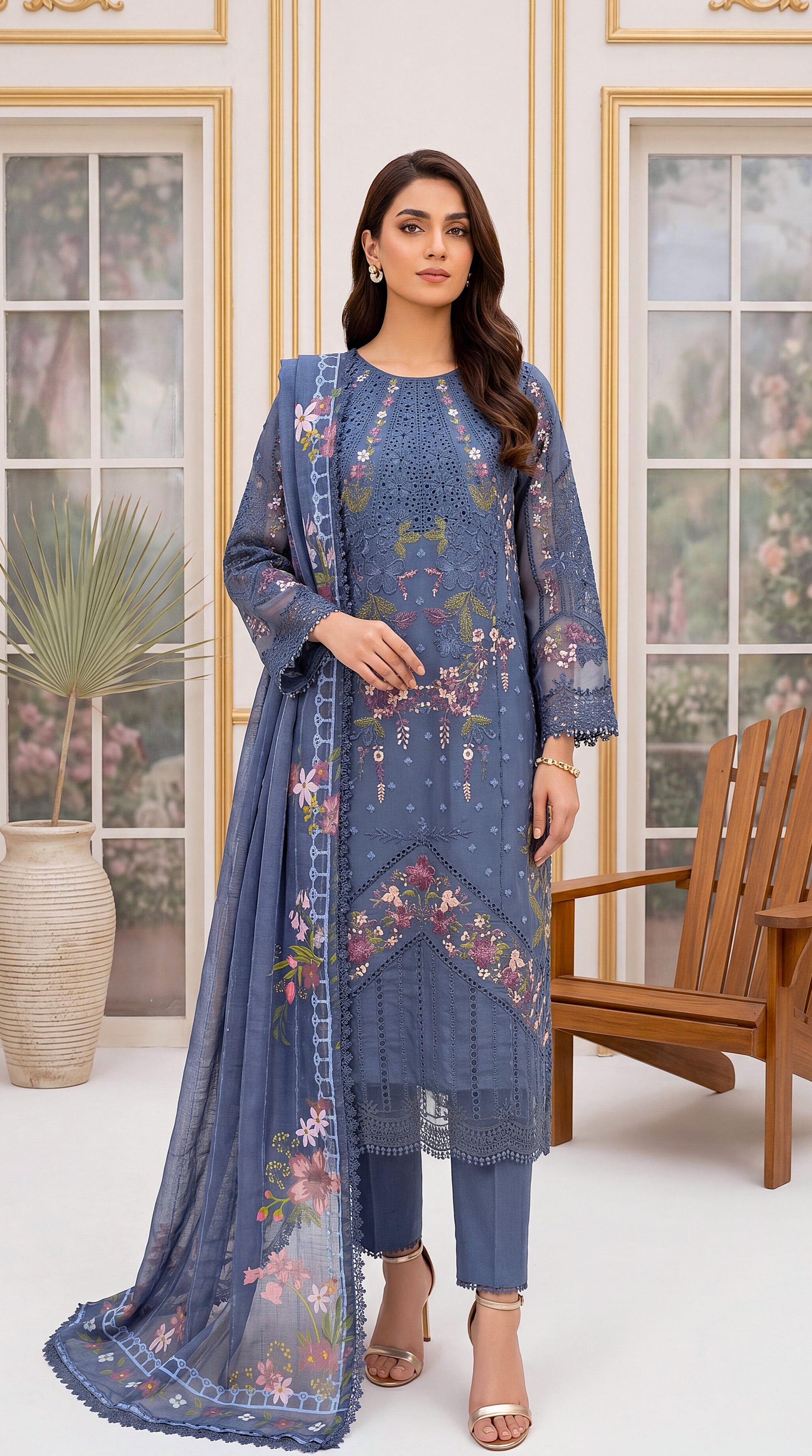 Emerald Green Contrast Piping & Cotton Net Dupatta 3 Piece Women Suit - PL00686 NAVEY / SML