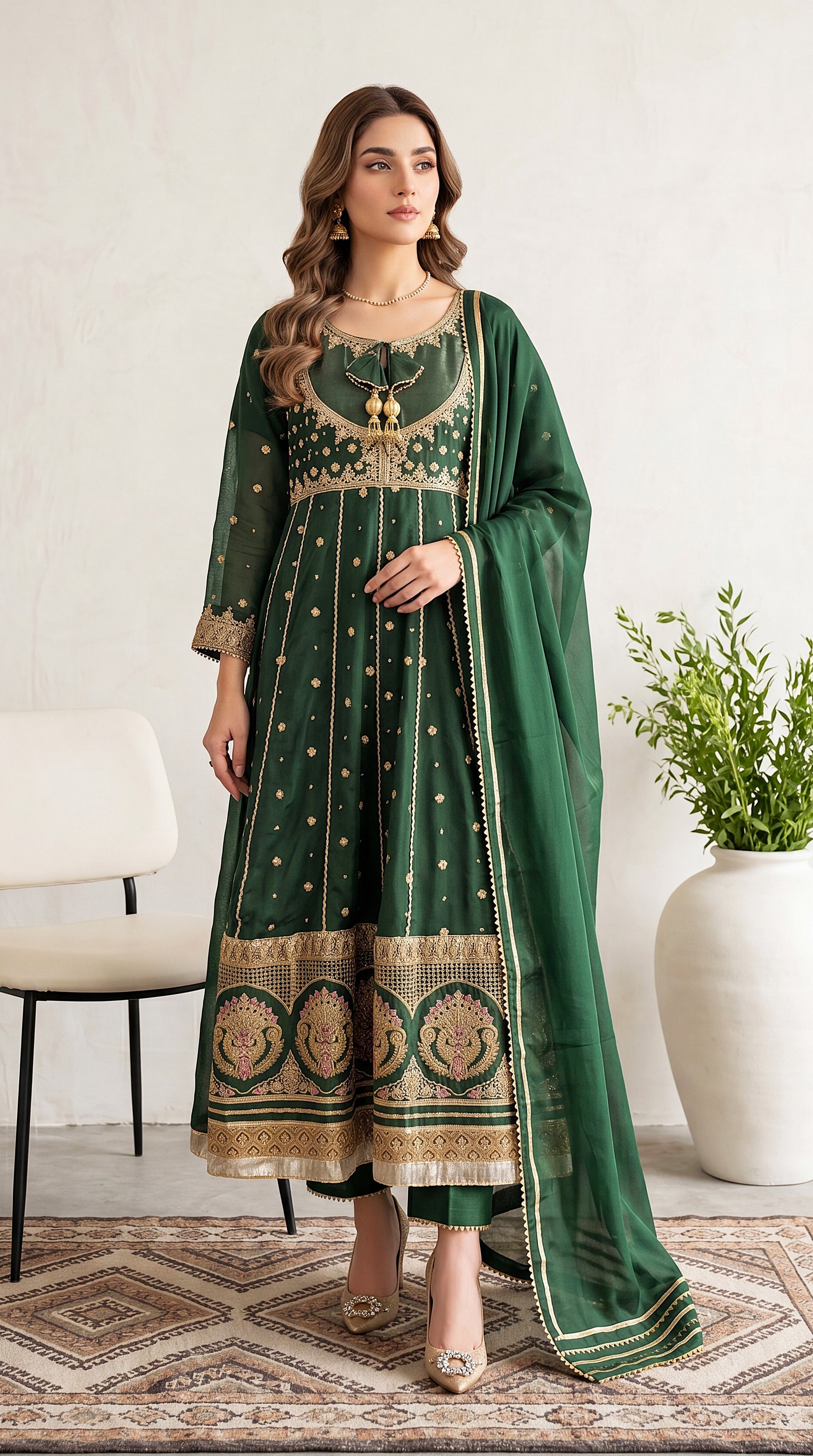 Light Pistachio Panel Emb & Thread Work Neckline 3 Piece Women Suit - PL00700 GREEN / SML