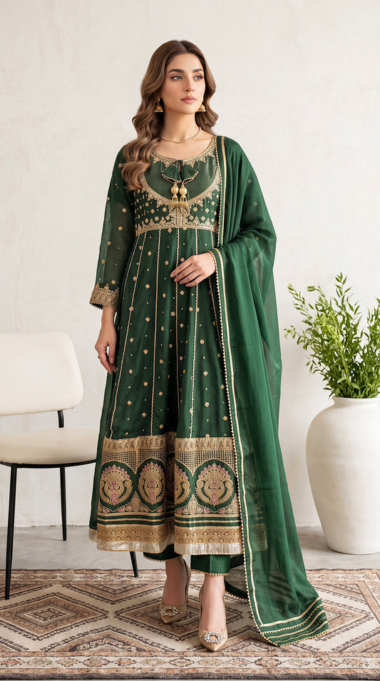 Light Pistachio Panel Emb & Thread Work Neckline 3 Piece Women Suit - PL00700 GREEN / SML