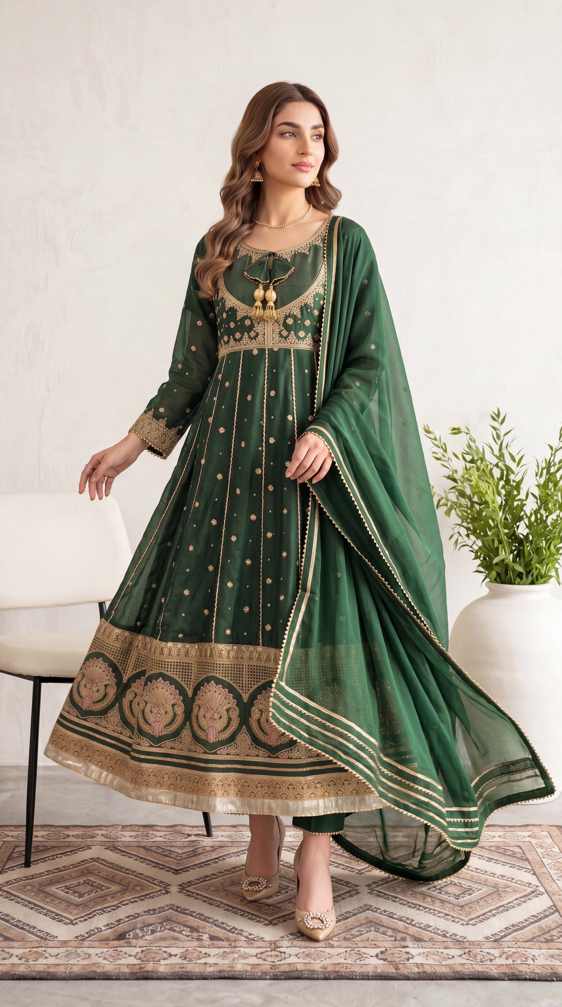Light Pistachio Panel Emb & Thread Work Neckline 3 Piece Women Suit - PL00700 GREEN / SML