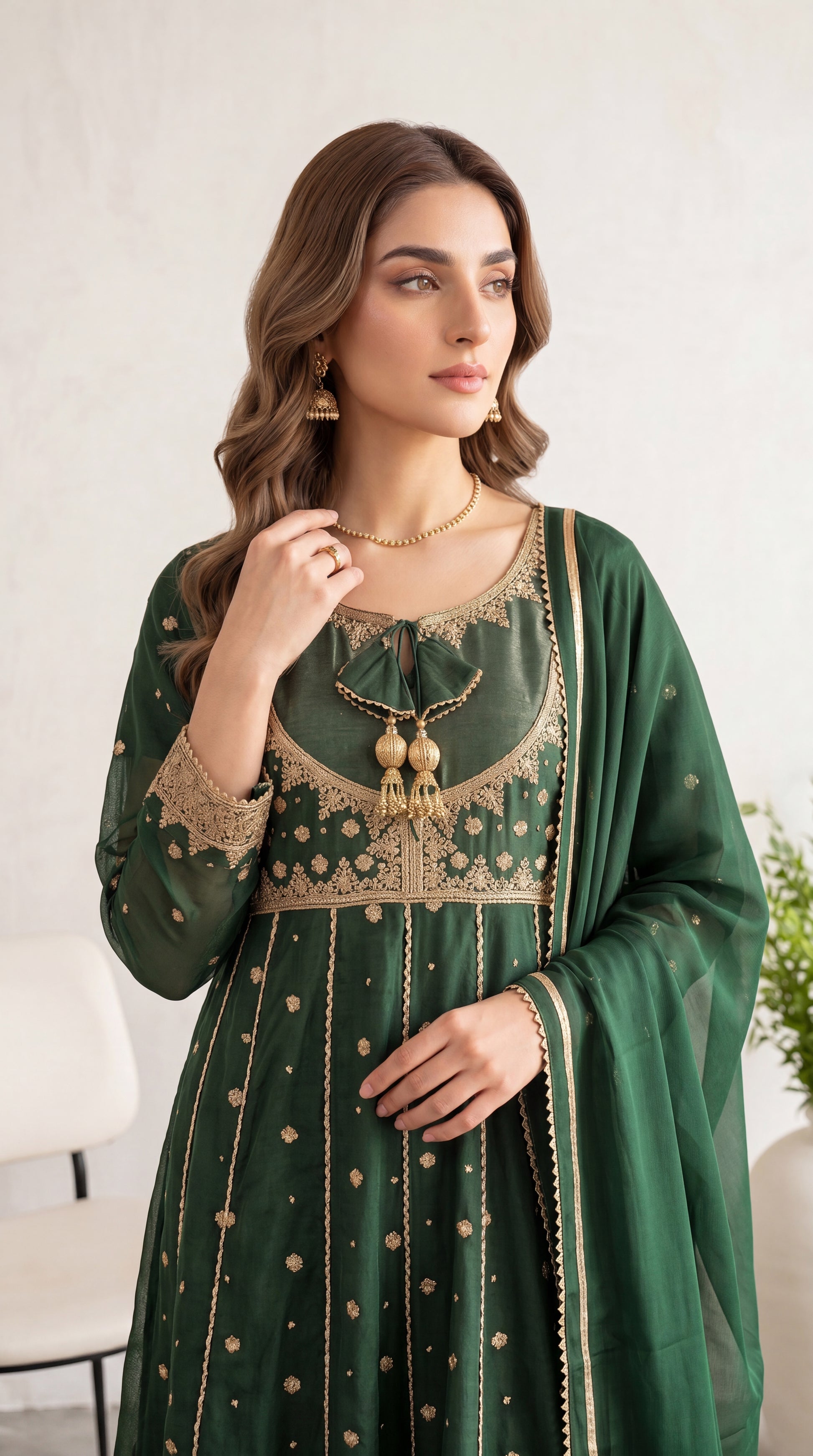 Light Pistachio Panel Emb & Thread Work Neckline 3 Piece Women Suit - PL00700 GREEN / SML