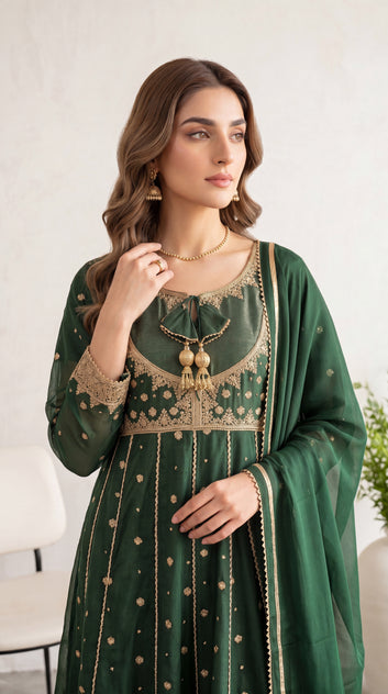 Light Pistachio Panel Emb & Thread Work Neckline 3 Piece Women Suit - PL00700 GREEN / SML