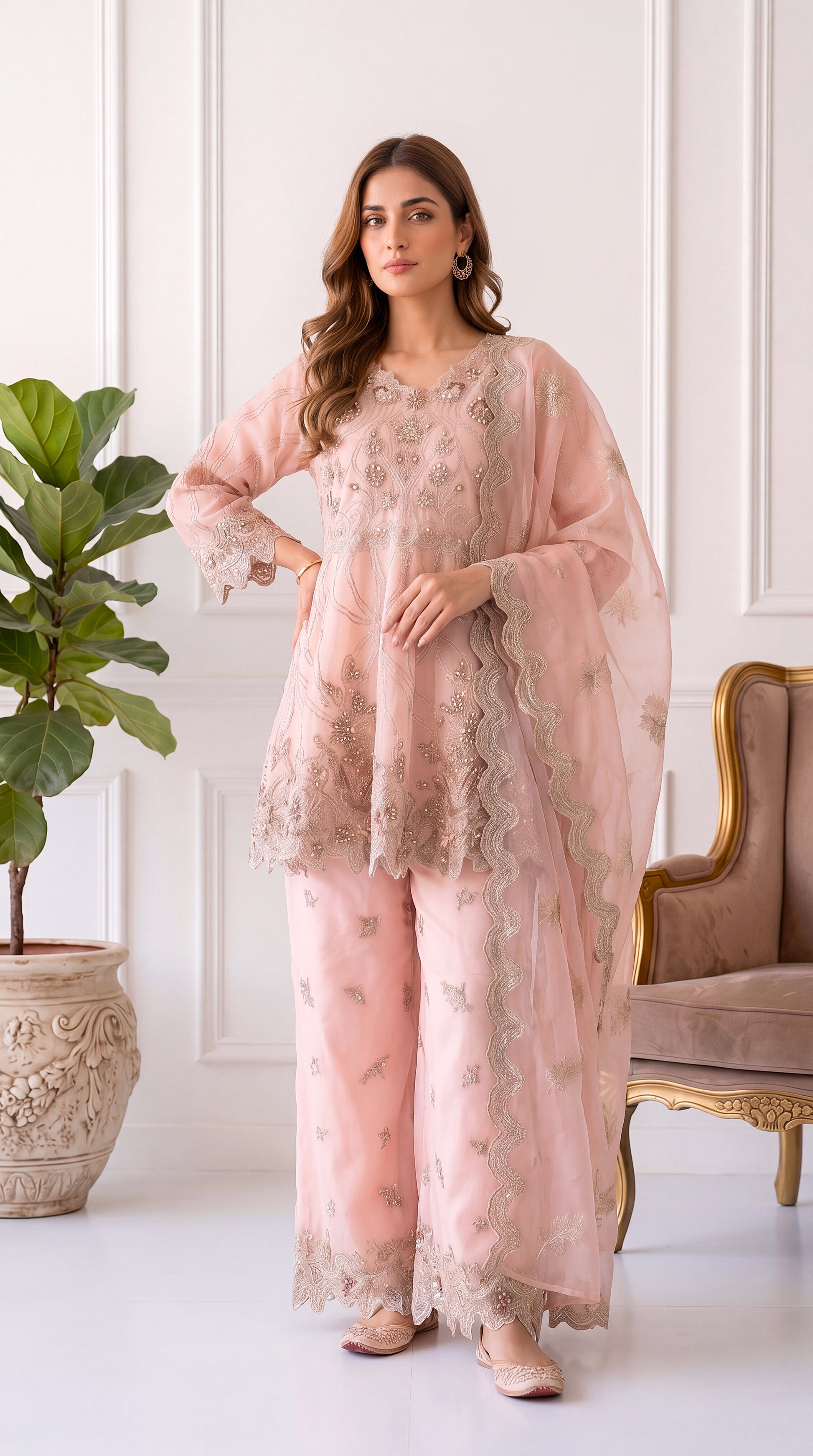 Luxury Formal PL00709 Blush Embellished Frock Dupatta 3 Piece BABY PINK / SML