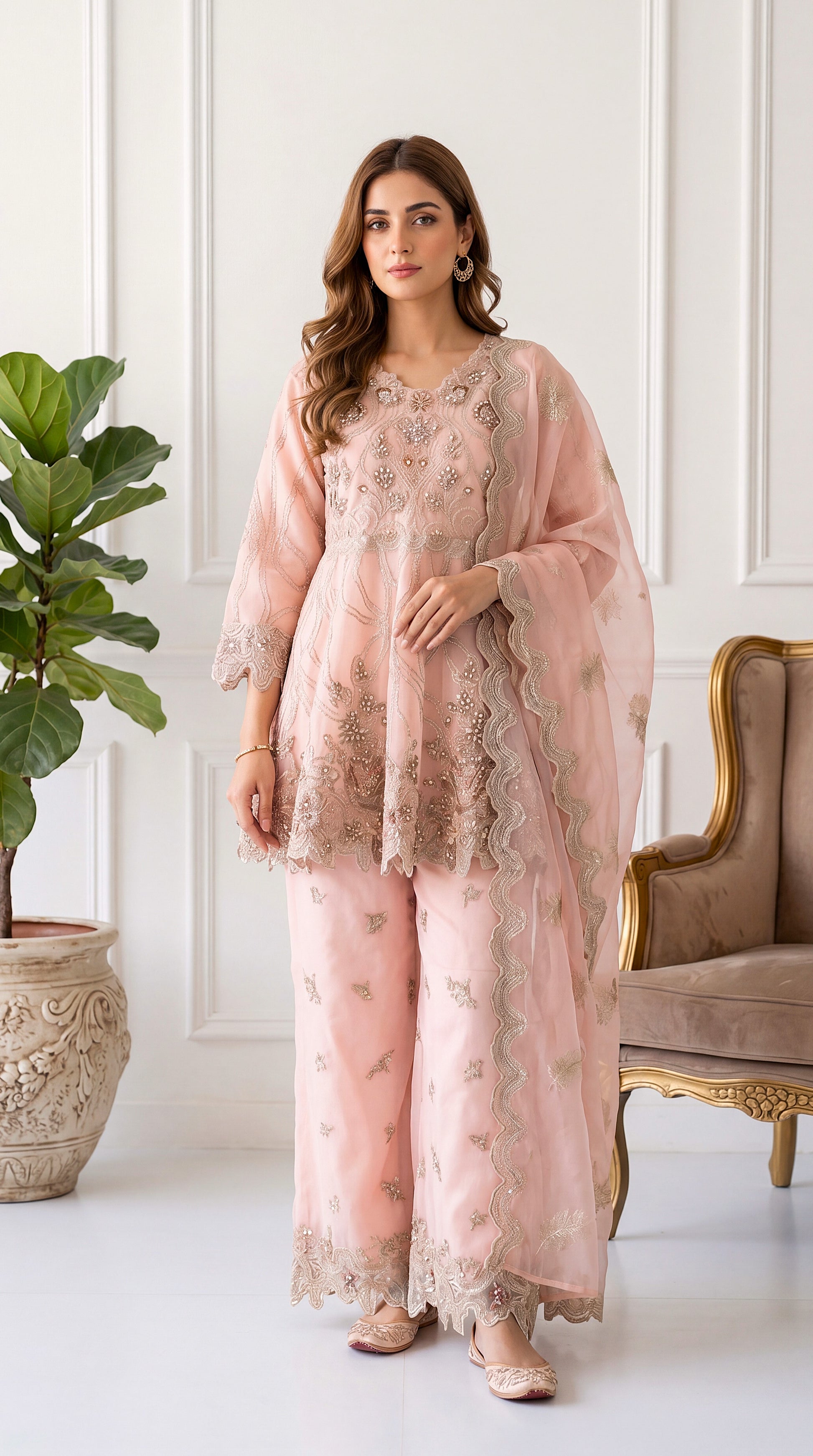 Luxury Formal PL00709 Blush Embellished Frock Dupatta 3 Piece BABY PINK / SML