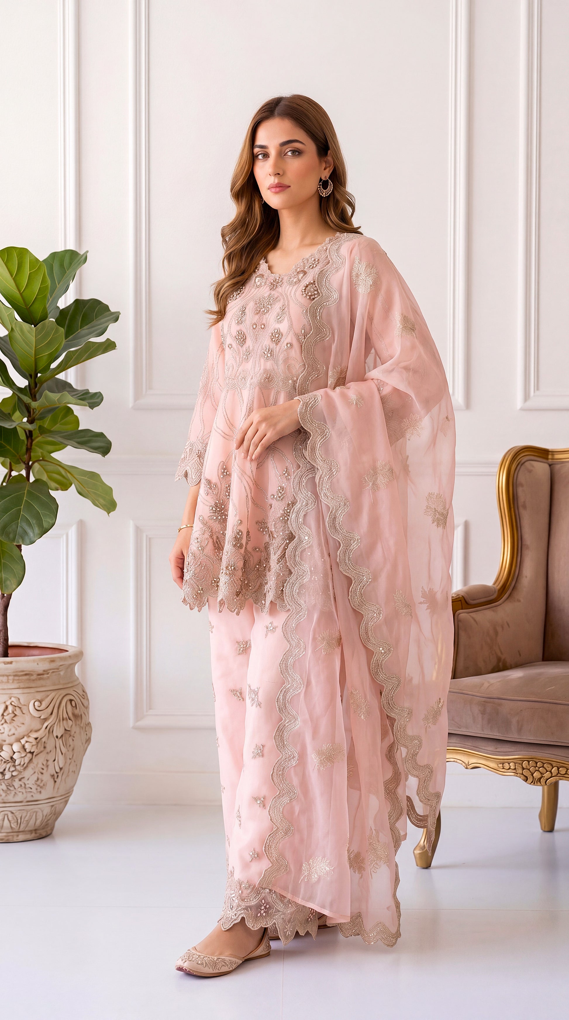 Luxury Formal PL00709 Blush Embellished Frock Dupatta 3 Piece BABY PINK / SML