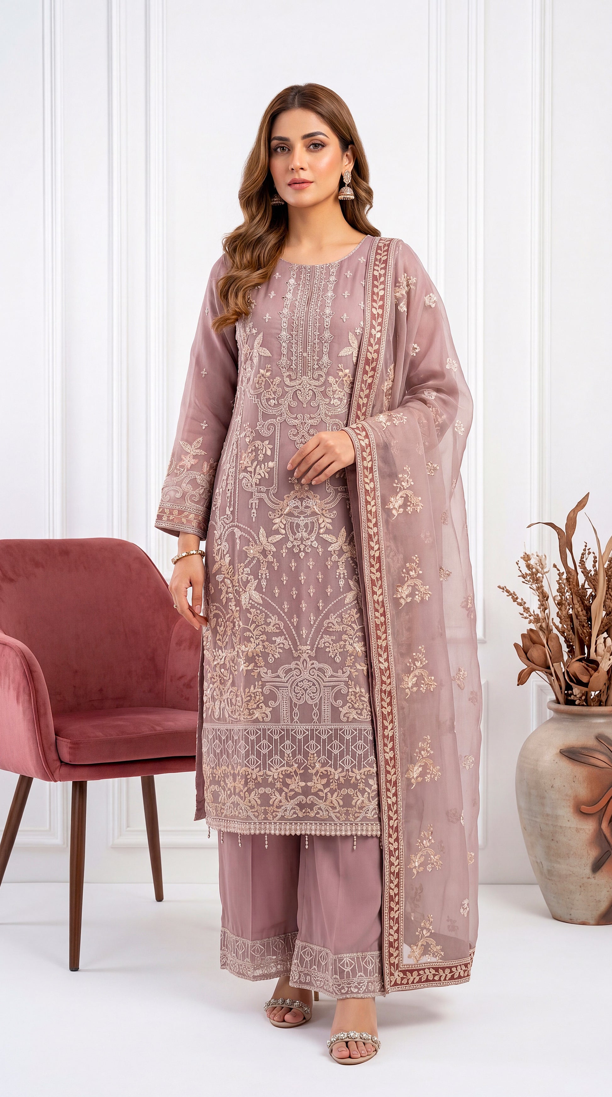 Luxury Formal PL00712 Red Embroidered Organza Dupatta 3 Piece MOVE / SML