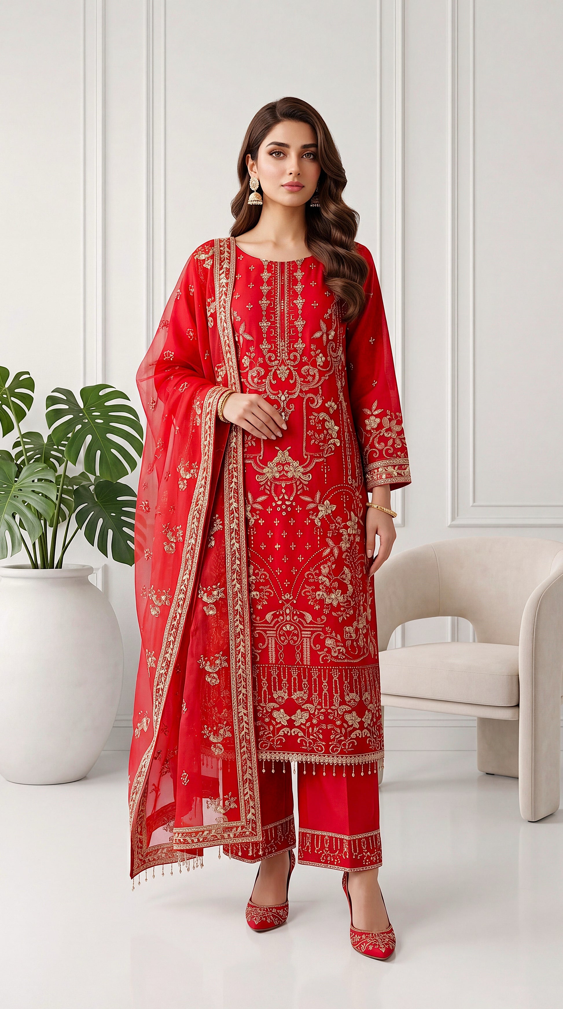 Luxury Formal PL00712 Red Embroidered Organza Dupatta 3 Piece RED / SML