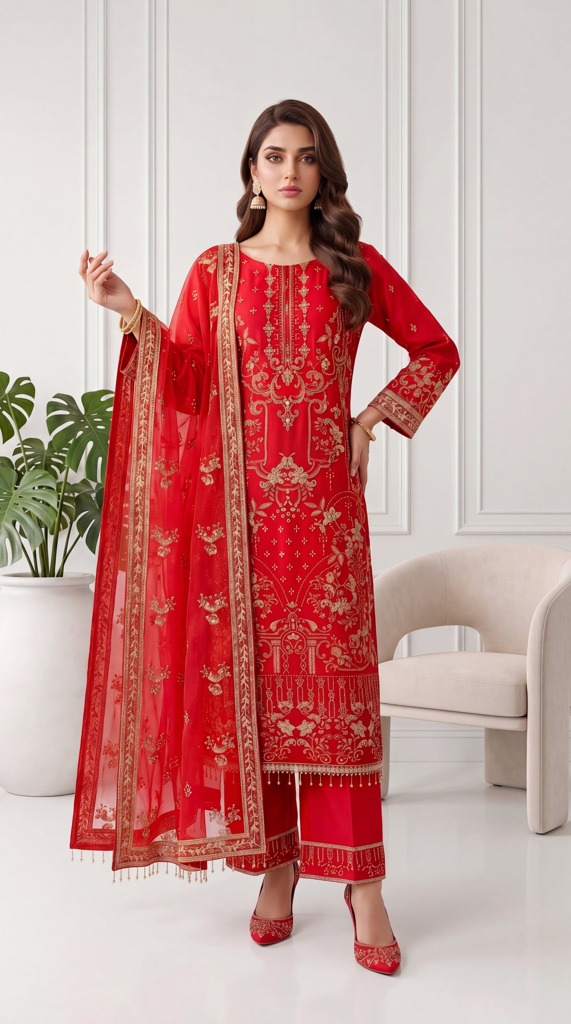 Luxury Formal PL00712 Red Embroidered Organza Dupatta 3 Piece RED / SML