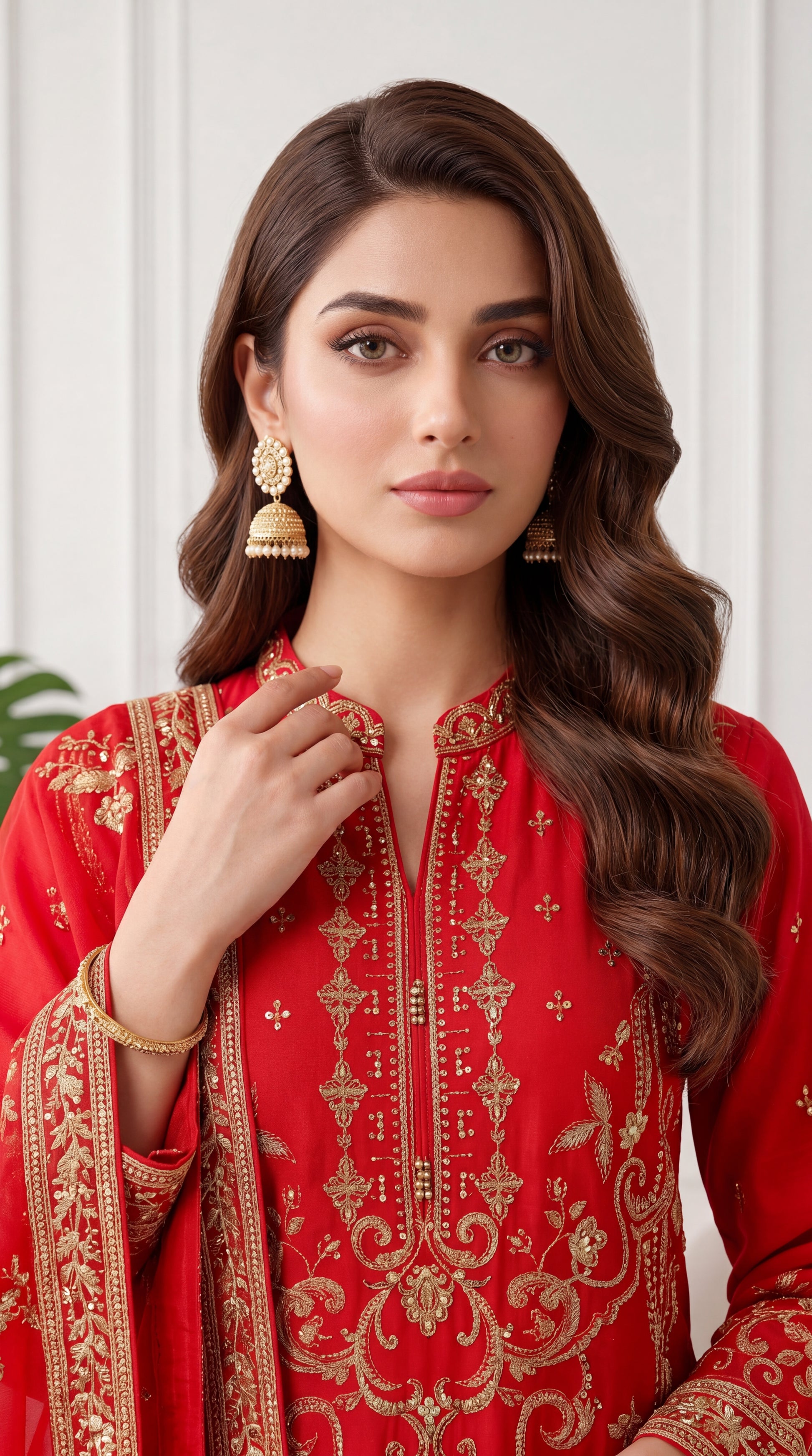 Luxury Formal PL00712 Red Embroidered Organza Dupatta 3 Piece RED / SML