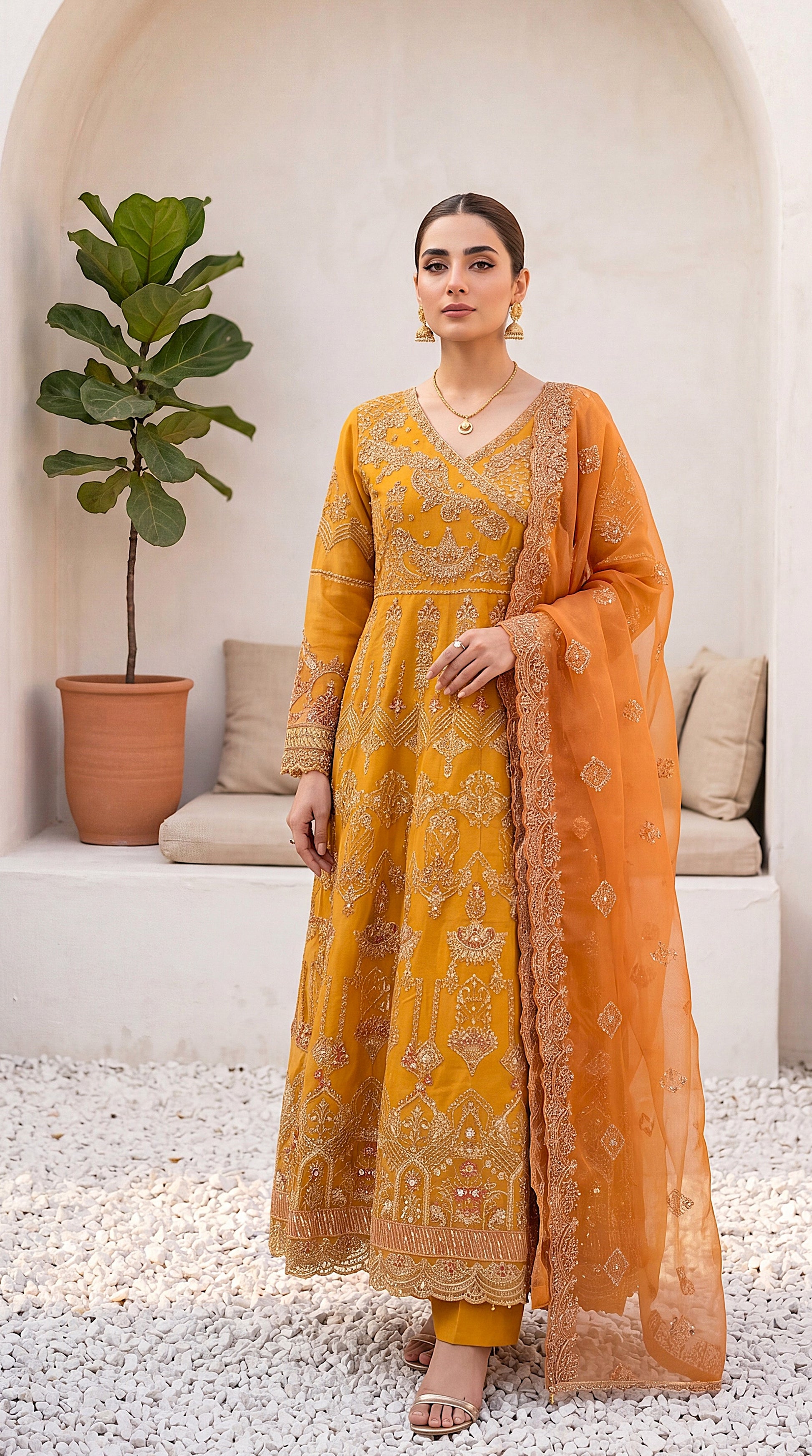 Luxury Formal PL00713 Mustard Heavy Embroidered Gown 3 Piece MASTERD / SML