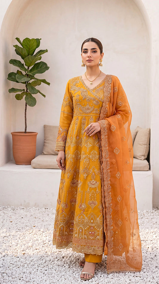 Luxury Formal PL00713 Mustard Heavy Embroidered Gown 3 Piece MASTERD / SML