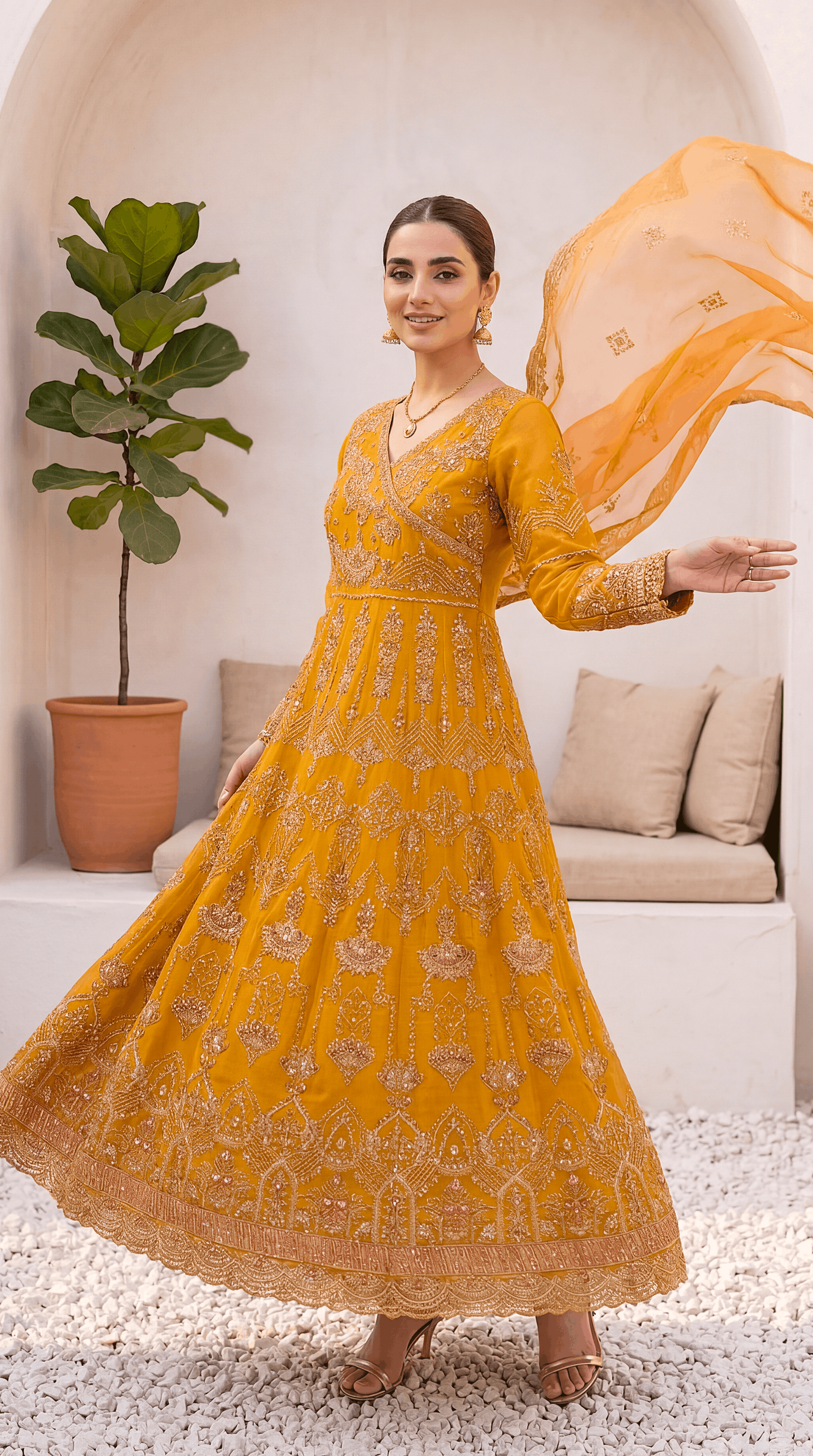 Luxury Formal PL00713 Mustard Heavy Embroidered Gown 3 Piece MASTERD / SML