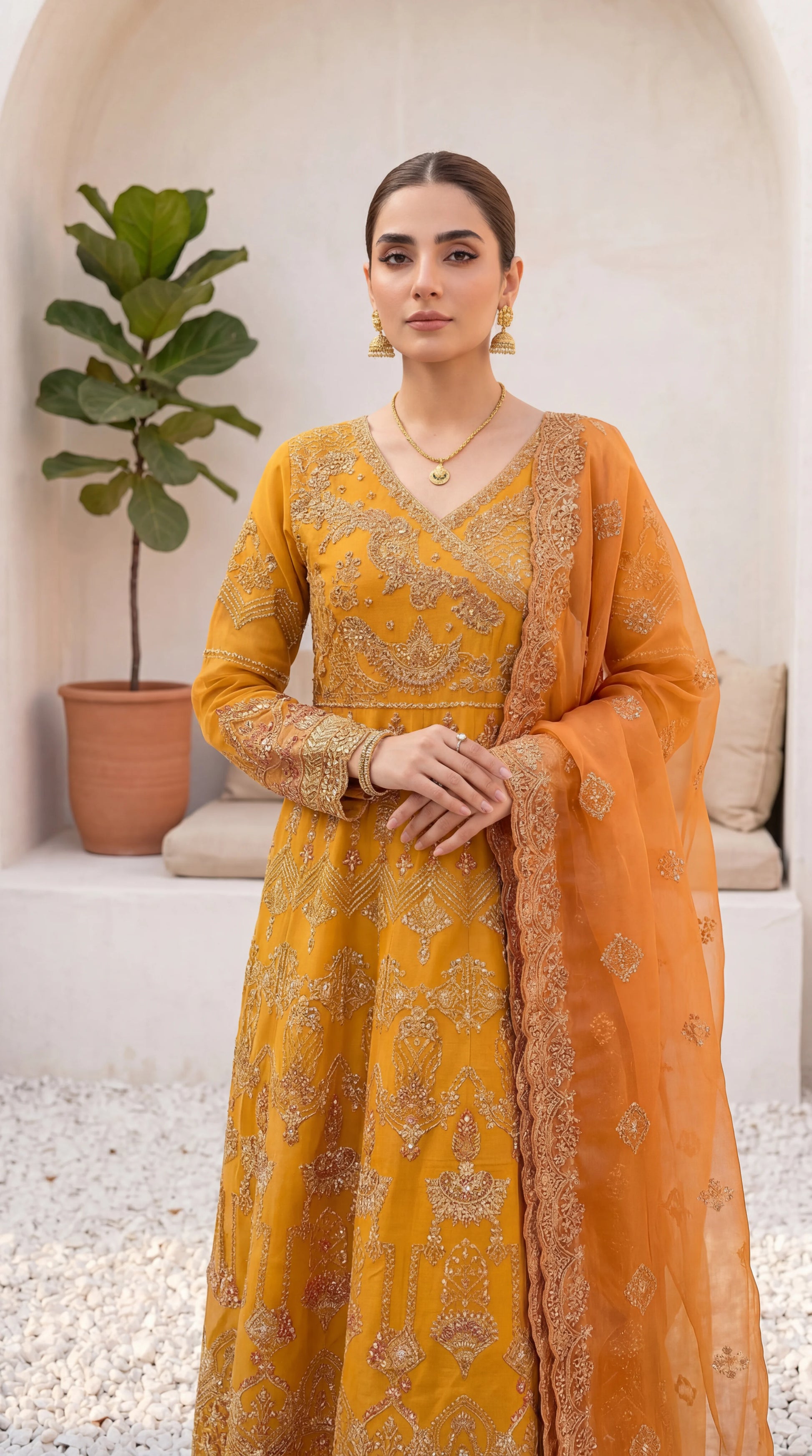 Luxury Formal PL00713 Mustard Heavy Embroidered Gown 3 Piece MASTERD / SML