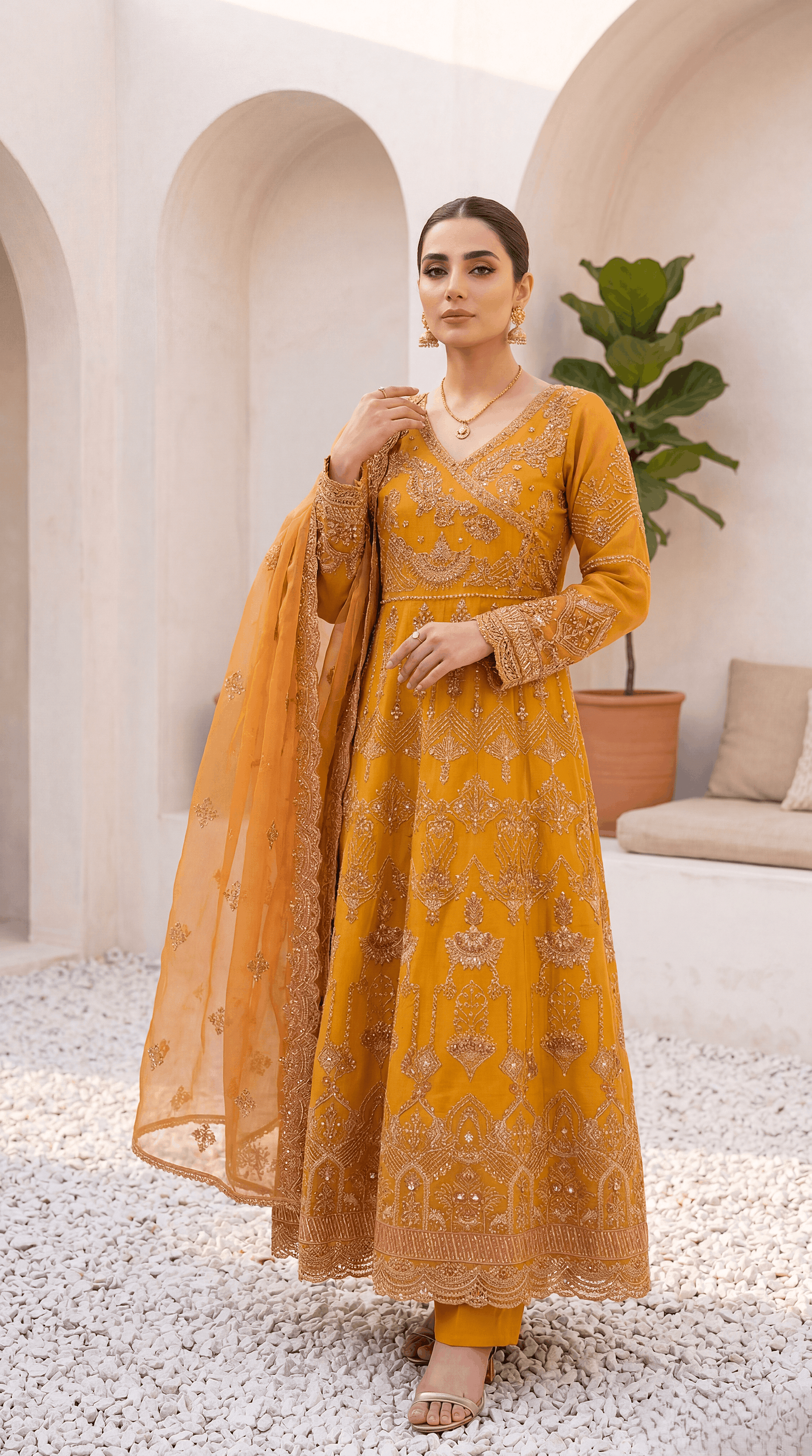 Luxury Formal PL00713 Mustard Heavy Embroidered Gown 3 Piece MASTERD / SML