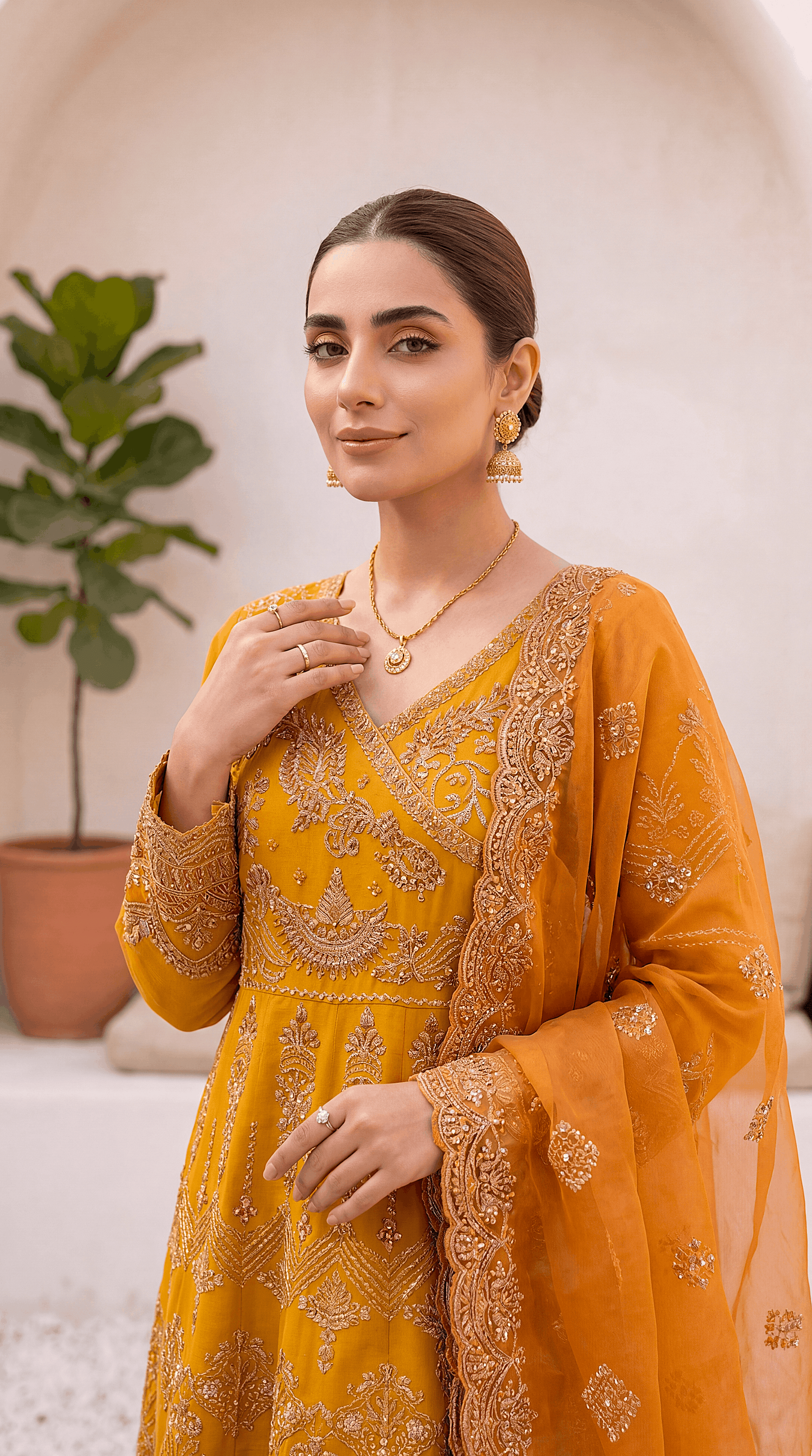 Luxury Formal PL00713 Mustard Heavy Embroidered Gown 3 Piece MASTERD / SML