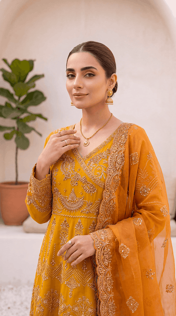 Luxury Formal PL00713 Mustard Heavy Embroidered Gown 3 Piece MASTERD / SML