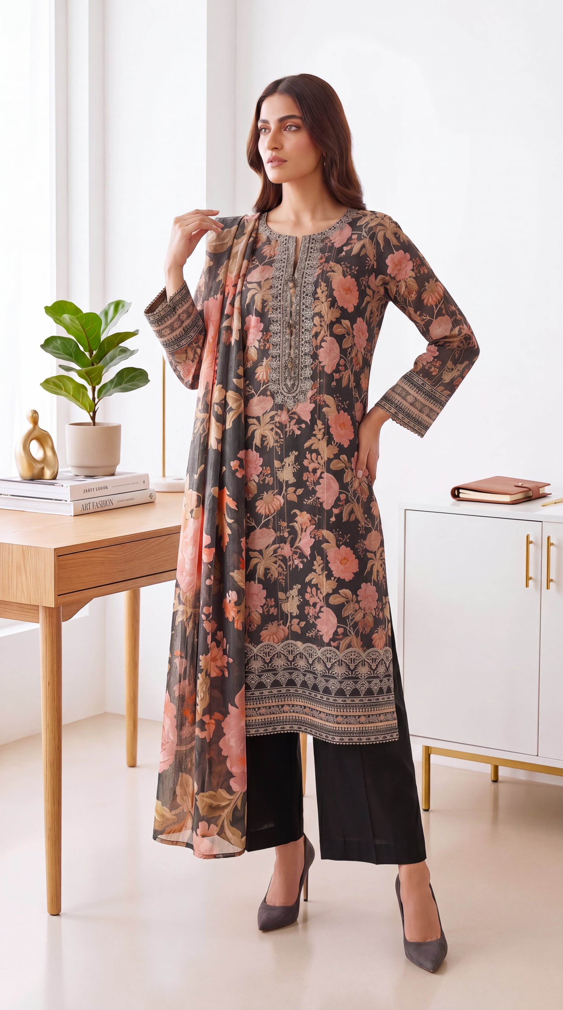 Women's Lawn Suit PL00726 Black Peach Floral Printed Dupatta 3 Piece BLACK / SML