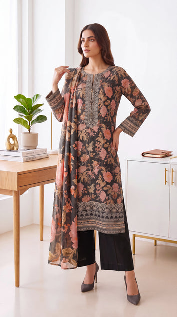 Women's Lawn Suit PL00726 Black Peach Floral Printed Dupatta 3 Piece BLACK / SML