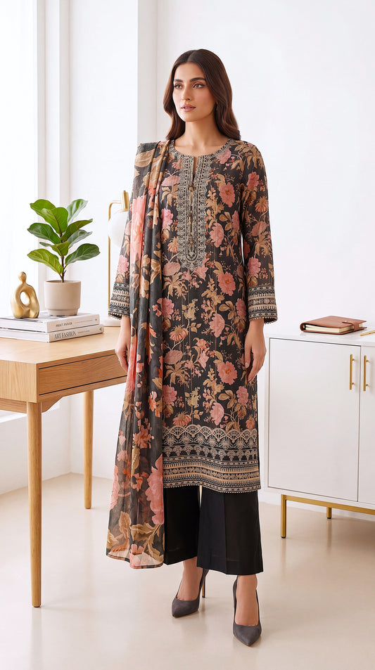 Women's Lawn Suit PL00726 Black Peach Floral Printed Dupatta 3 Piece BLACK / SML