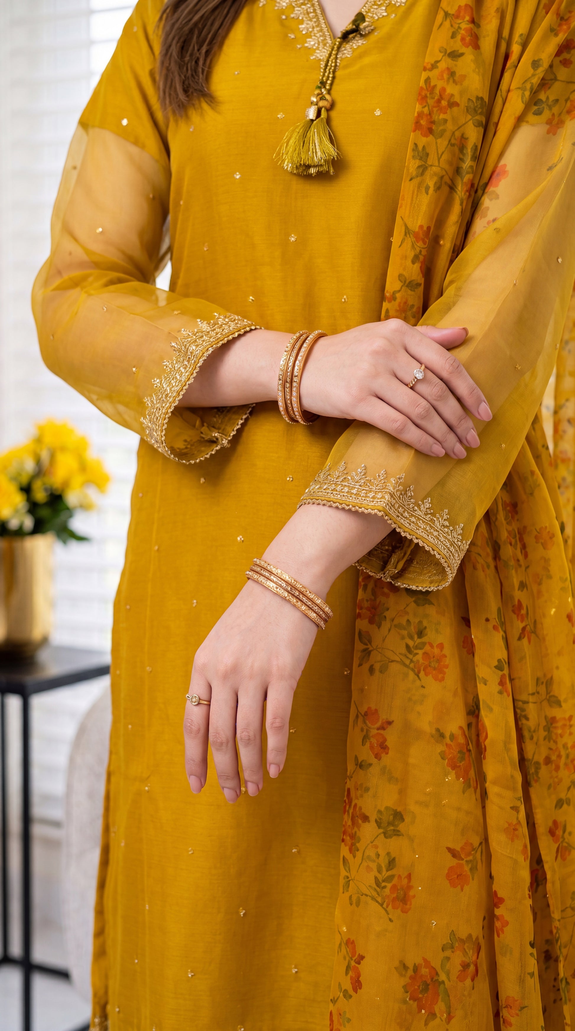 Women's Mustard Printed Suit PL00753 | Floral Dupatta & Tassel Neck Detail | 3 Piece | Lawn Texture MASTERD / SML