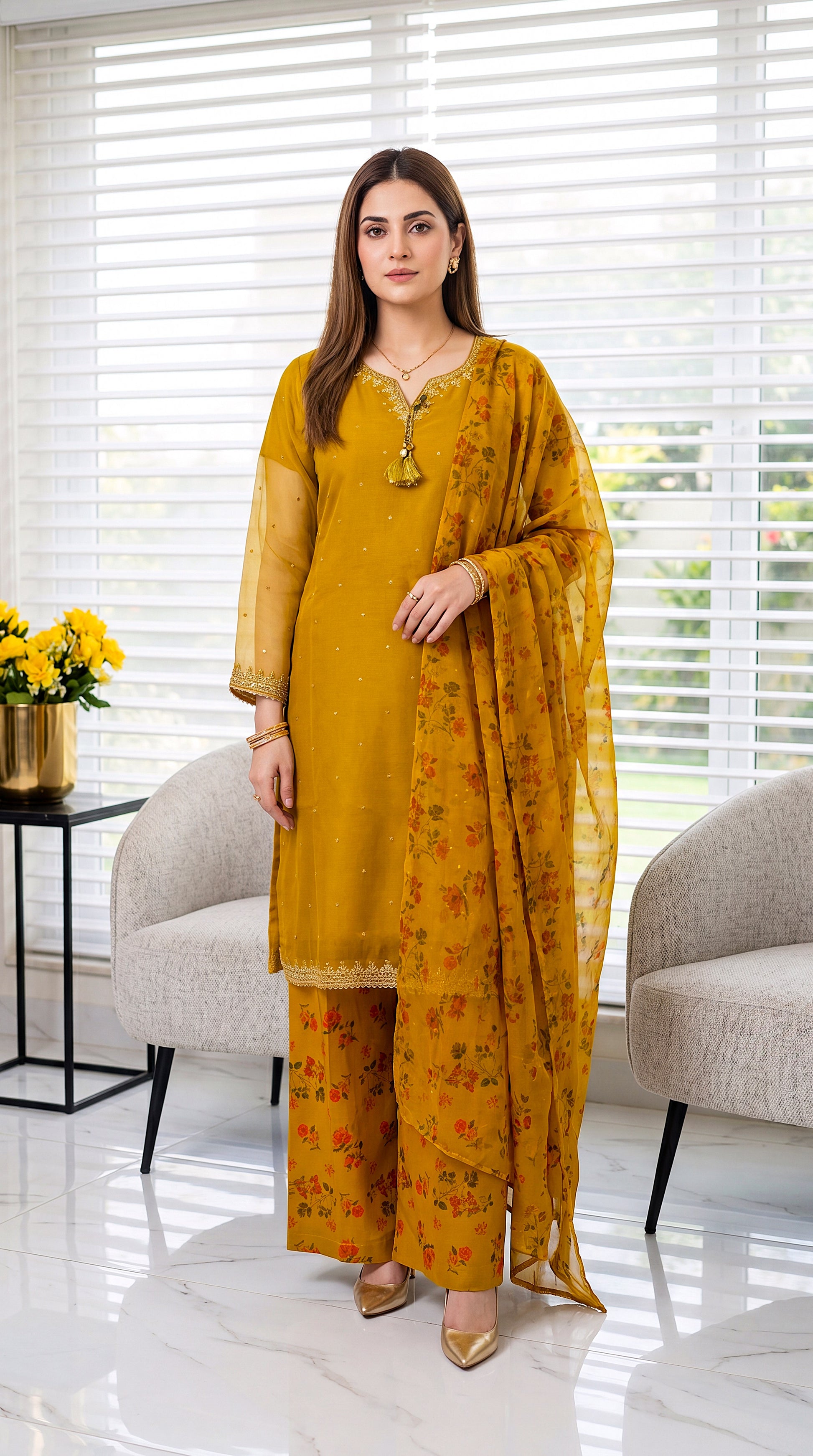 Women's Mustard Printed Suit PL00753 | Floral Dupatta & Tassel Neck Detail | 3 Piece | Lawn Texture MASTERD / SML