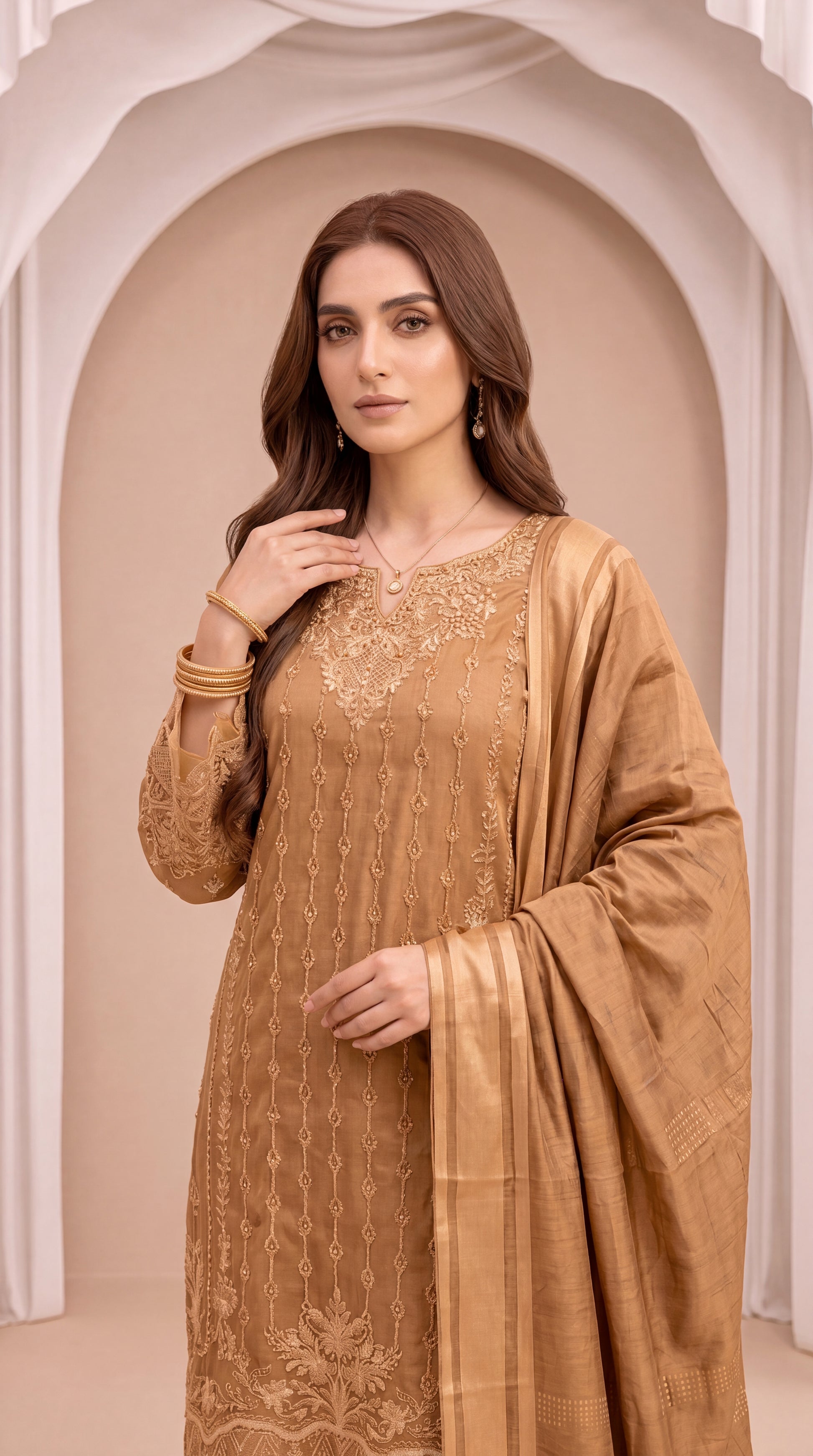 Women's Golden Mustard Suit PL00754 | Heavy Embroidery & Lace Dupatta | 3 Piece | Organza Blend MASTERD / SML