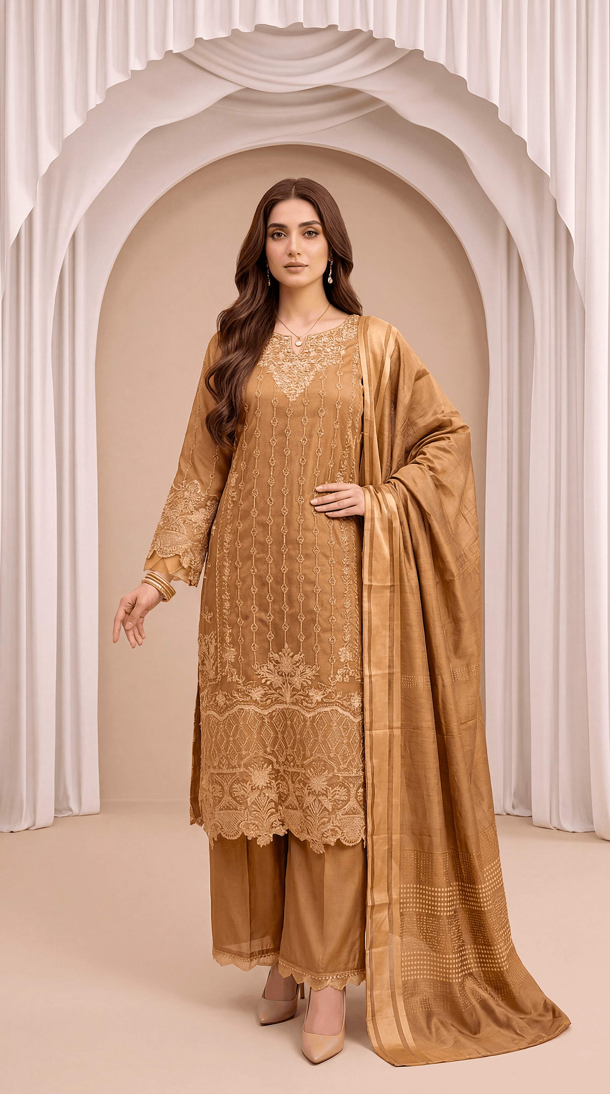 Women's Golden Mustard Suit PL00754 | Heavy Embroidery & Lace Dupatta | 3 Piece | Organza Blend MASTERD / SML