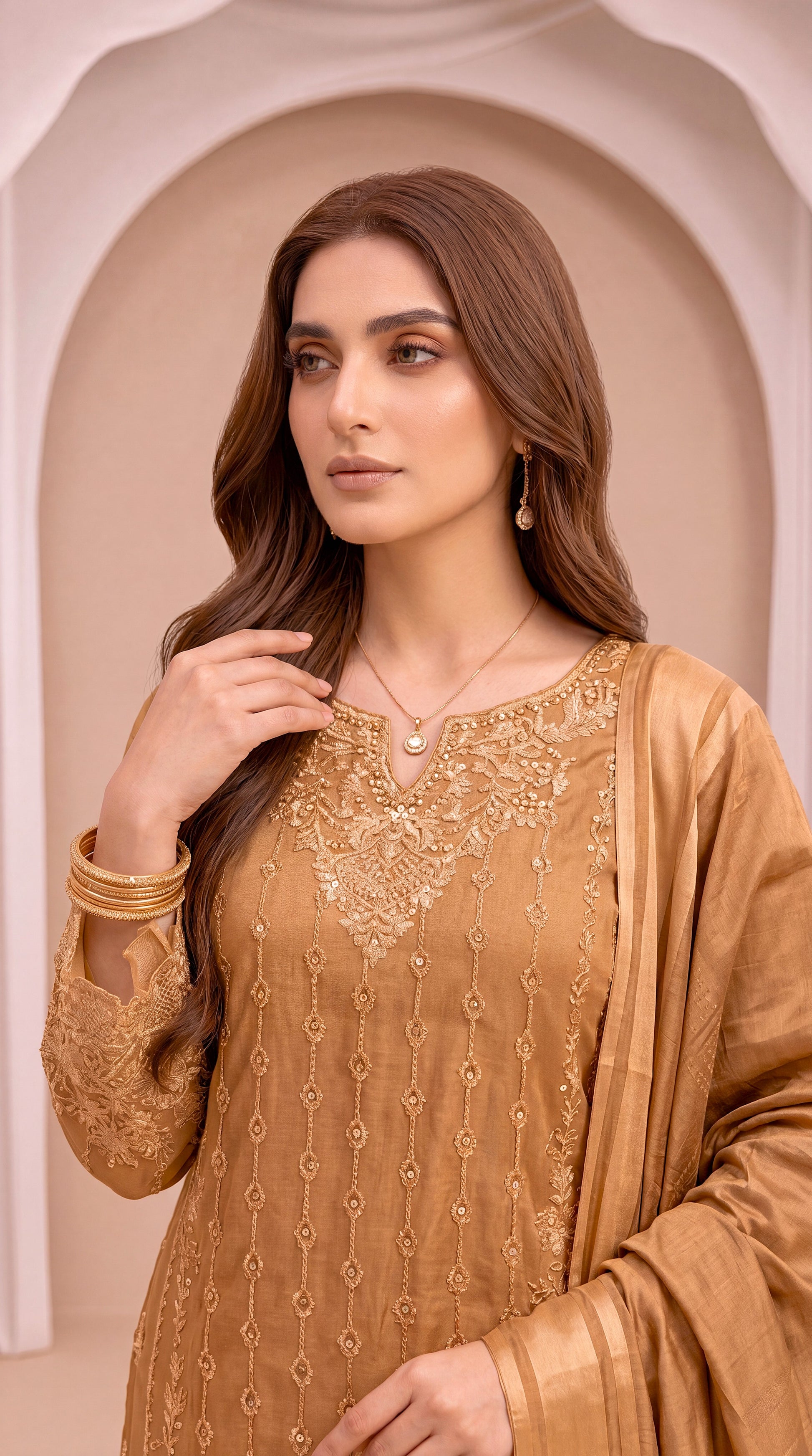 Women's Golden Mustard Suit PL00754 | Heavy Embroidery & Lace Dupatta | 3 Piece | Organza Blend MASTERD / SML