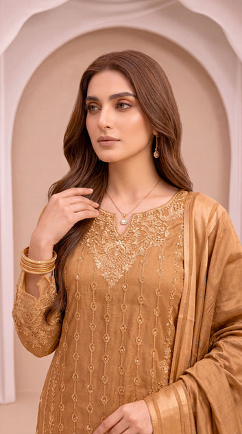 Women's Golden Mustard Suit PL00754 | Heavy Embroidery & Lace Dupatta | 3 Piece | Organza Blend MASTERD / SML