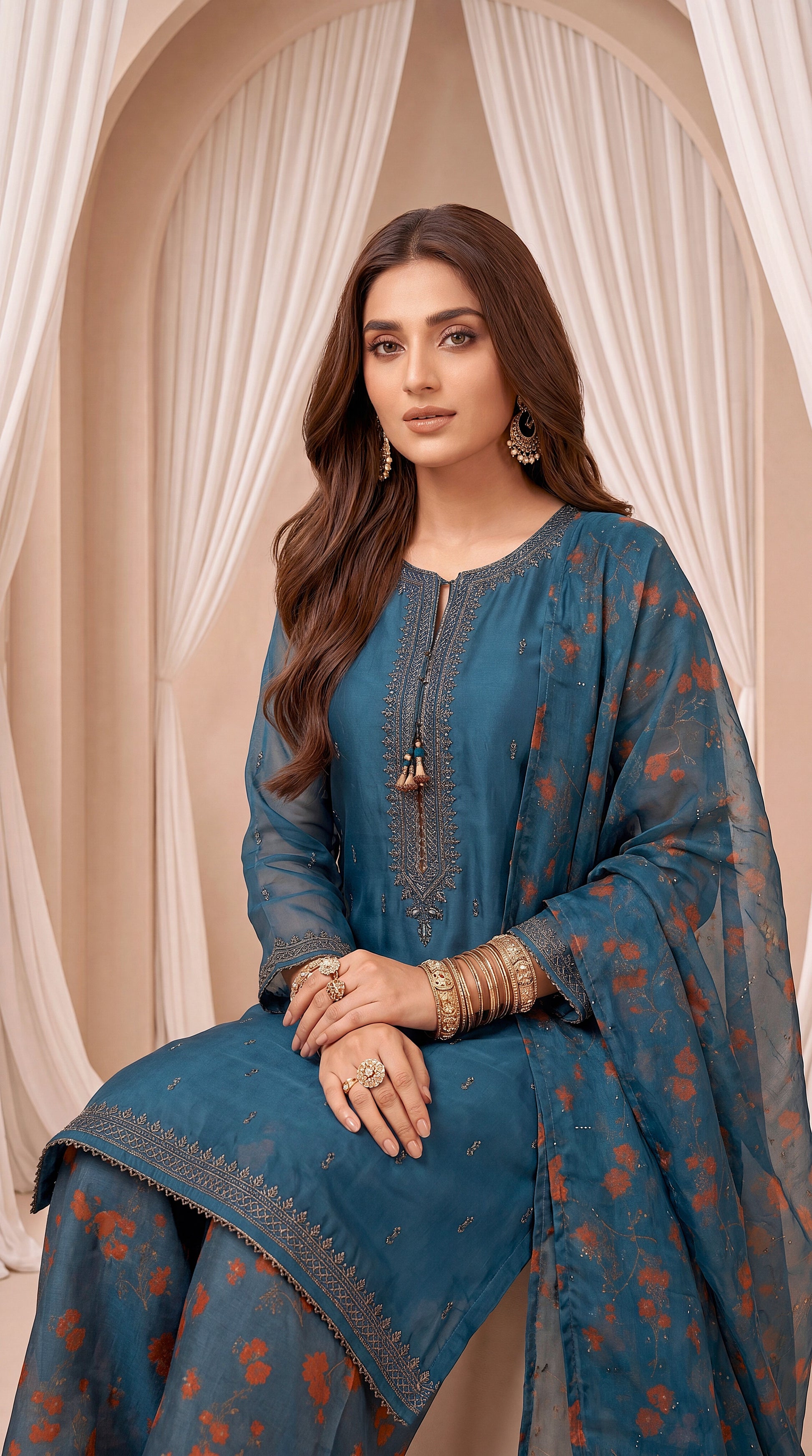 Women's Teal Printed Suit PL00756 | Floral Dupatta & Wide Leg Trouser | 3 Piece | Soft Lawn ZINK / SML