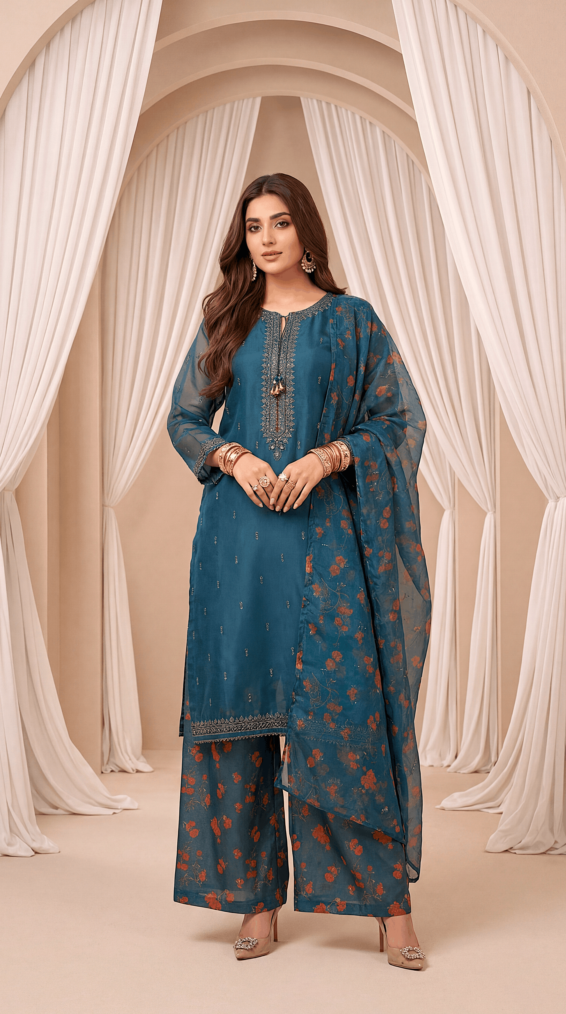 Women's Teal Printed Suit PL00756 | Floral Dupatta & Wide Leg Trouser | 3 Piece | Soft Lawn ZINK / SML