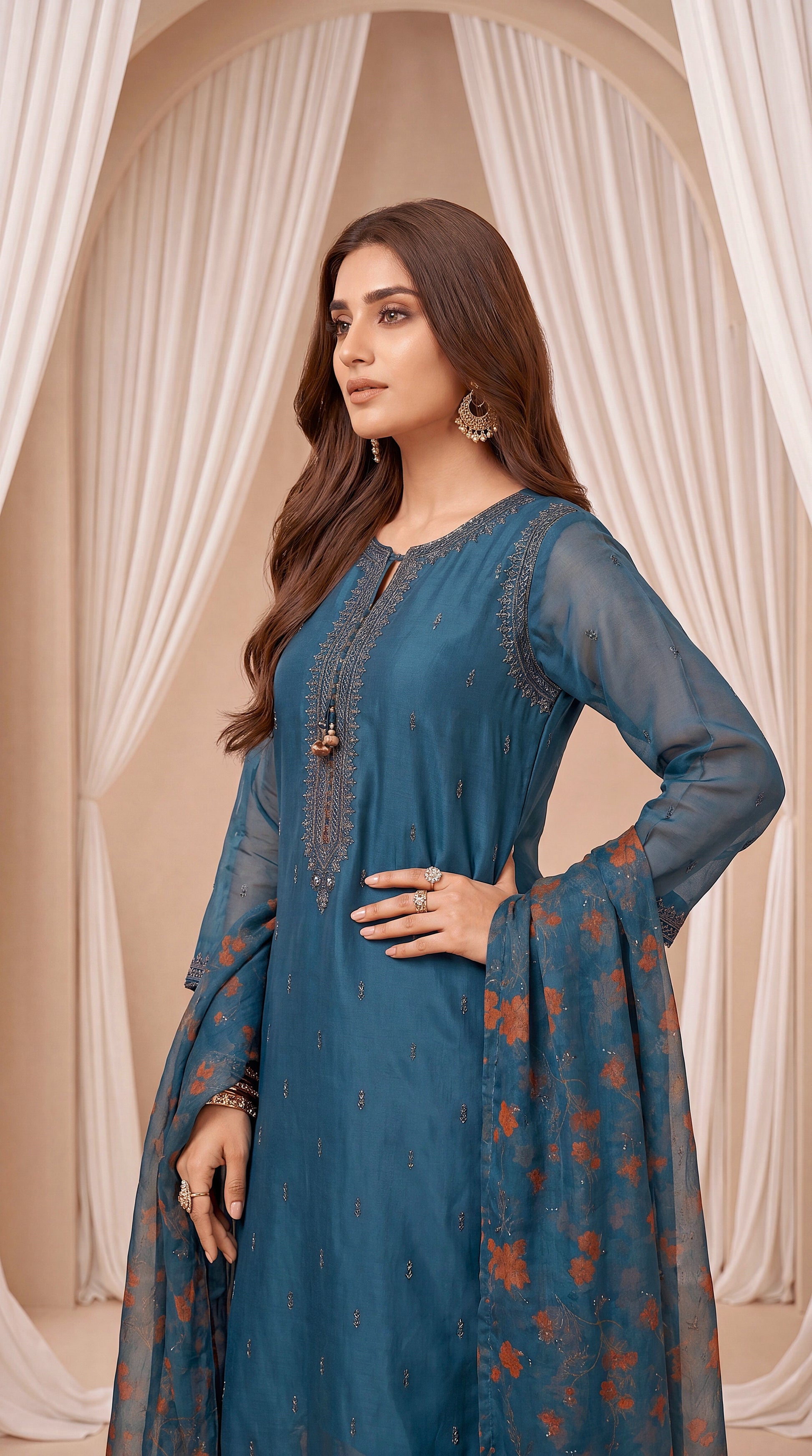 Women's Teal Printed Suit PL00756 | Floral Dupatta & Wide Leg Trouser | 3 Piece | Soft Lawn ZINK / SML