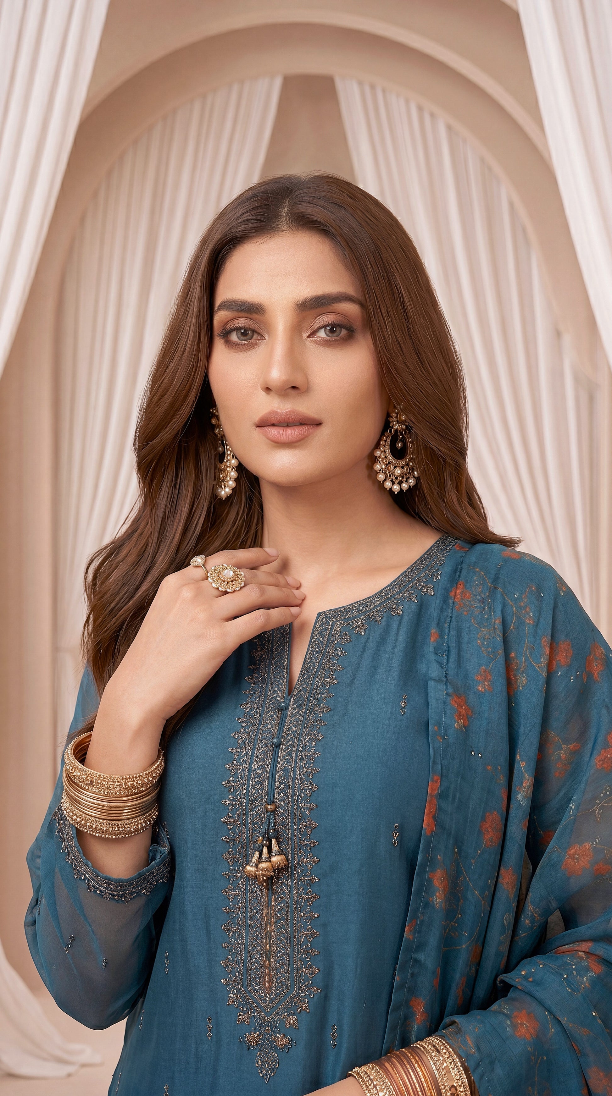 Women's Teal Printed Suit PL00756 | Floral Dupatta & Wide Leg Trouser | 3 Piece | Soft Lawn ZINK / SML