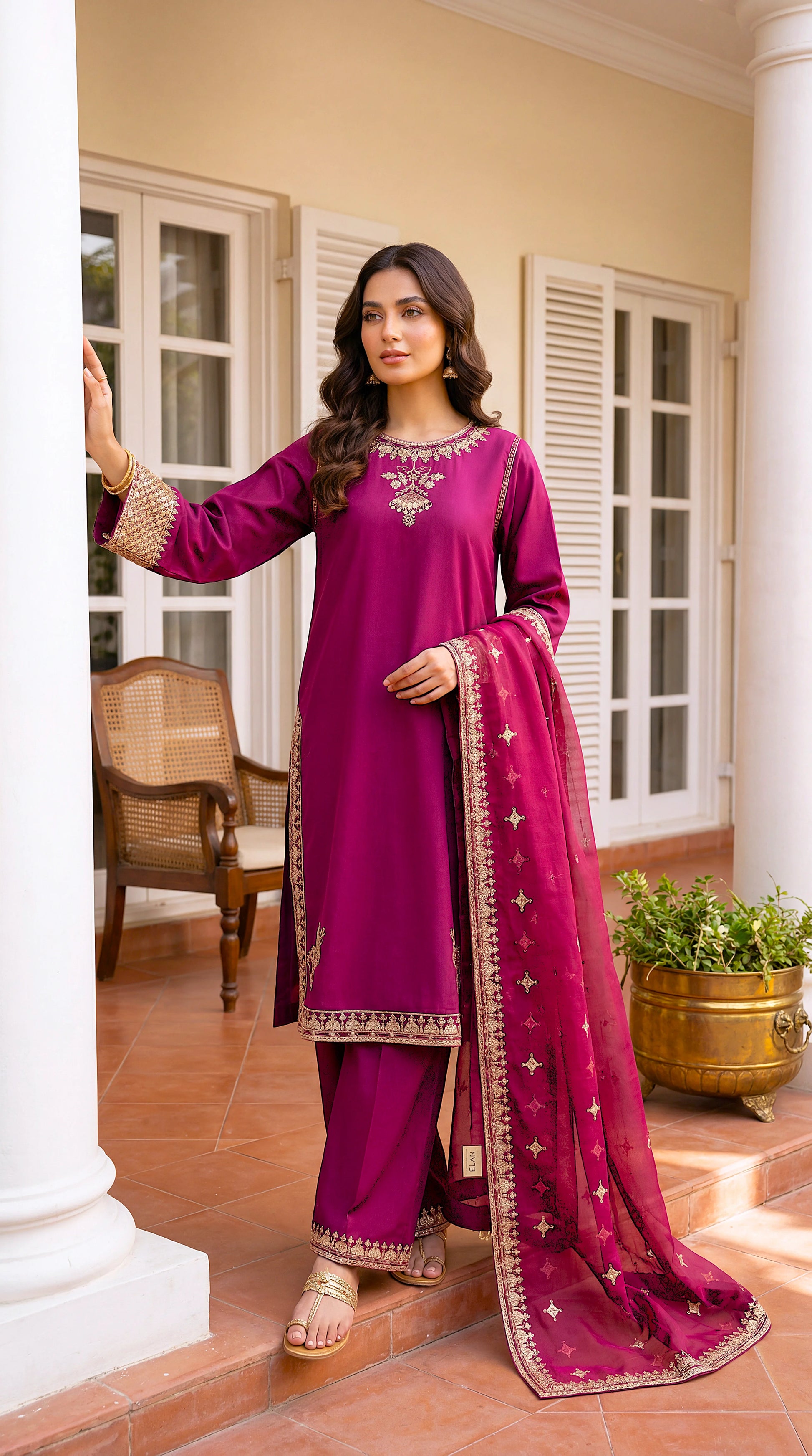 Ladies Embroidered Suit PL00761 Minimal Gold Work 3 Piece PURPLE / SML