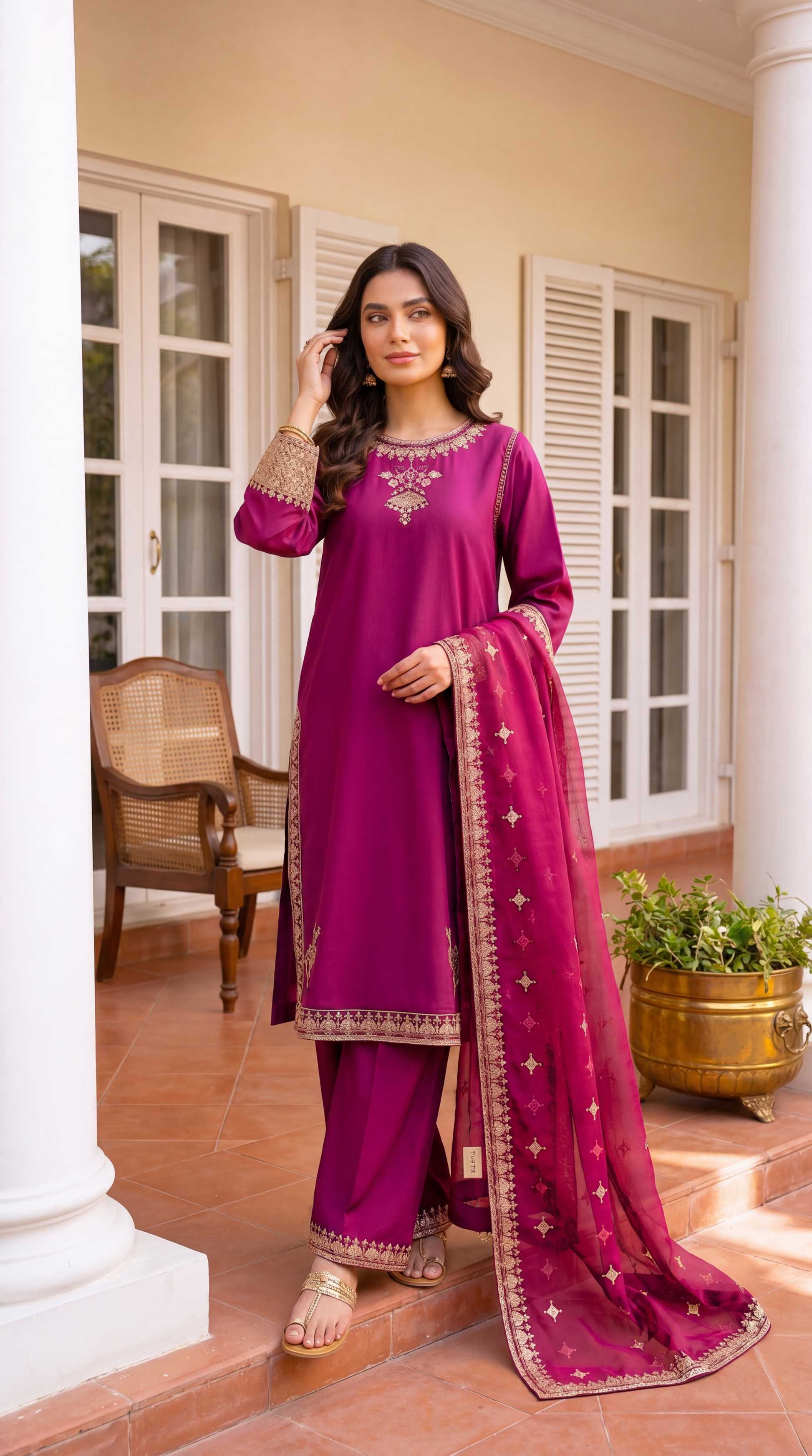 Ladies Embroidered Suit PL00761 Minimal Gold Work 3 Piece PURPLE / SML