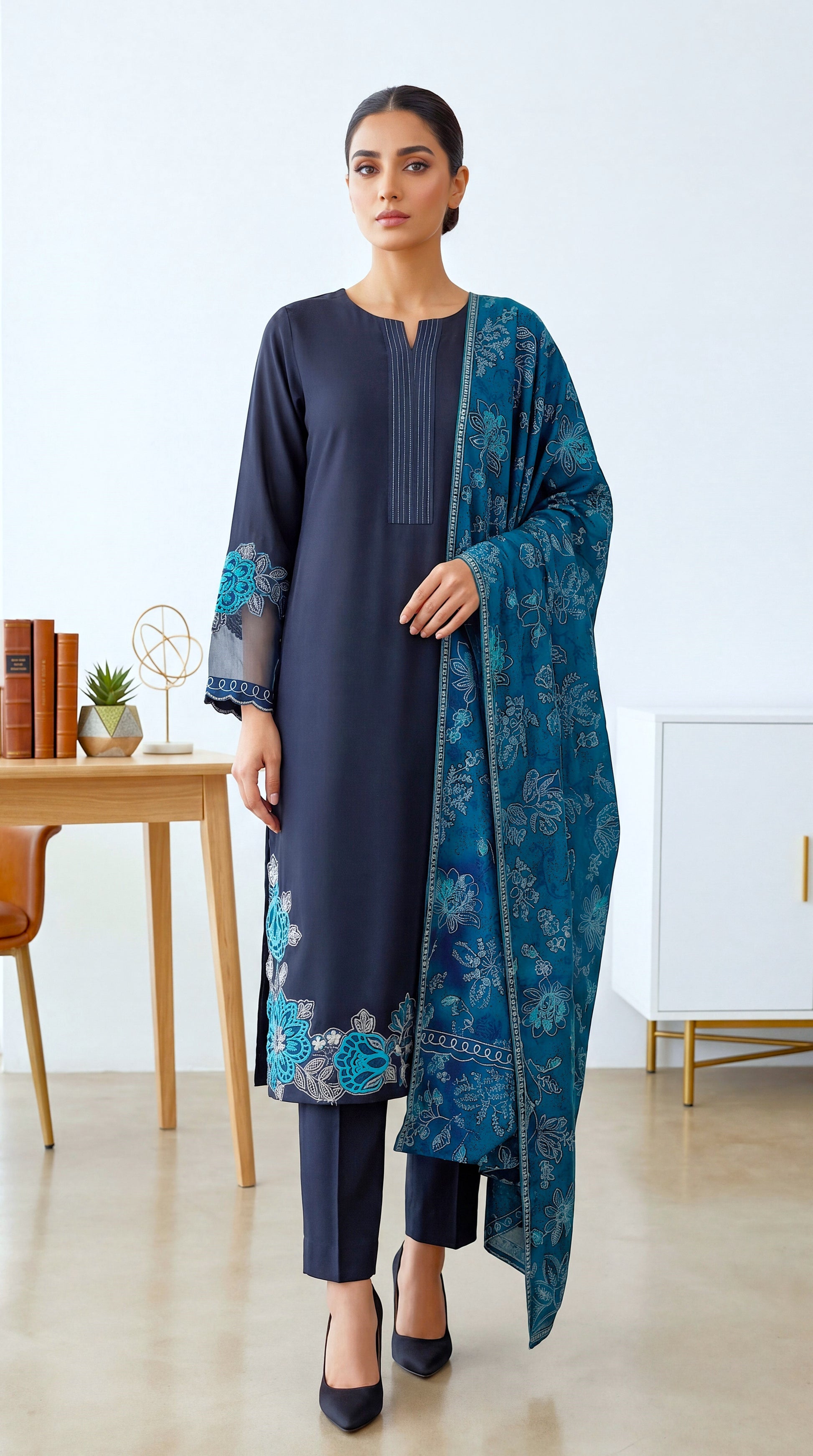 Women's Embroidered Suit PL00763 Charcoal Teal Floral Dupatta 3 Piece BLACK / SML