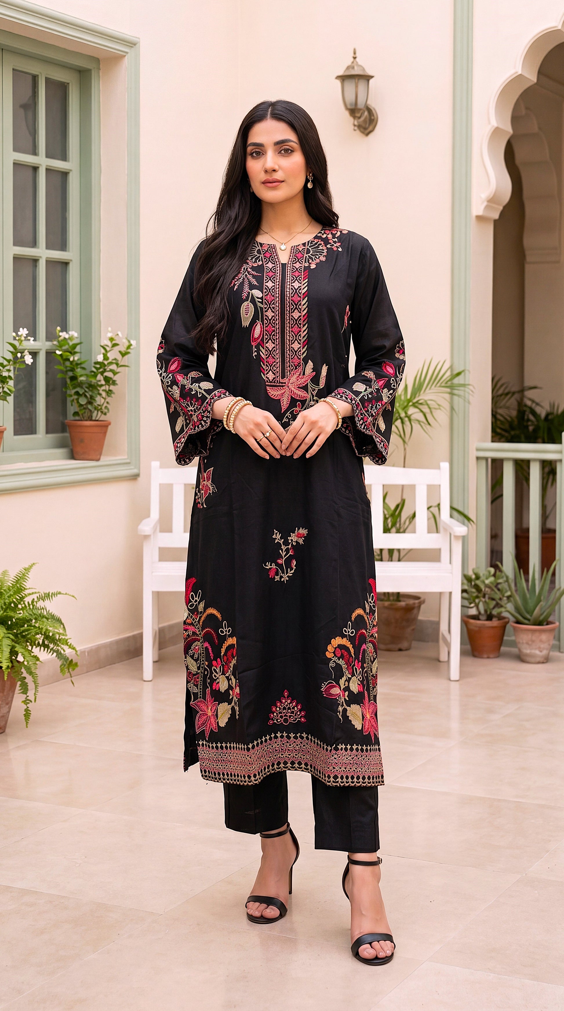 Women's Black Floral Kurta Set PL00768 | Vibrant Embroidery & Ornamental Borders | 2 Piece | Cotton Lawn BLACK / SML