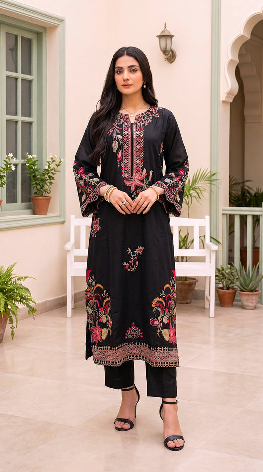 Women's Black Floral Kurta Set PL00768 | Vibrant Embroidery & Ornamental Borders | 2 Piece | Cotton Lawn BLACK / SML