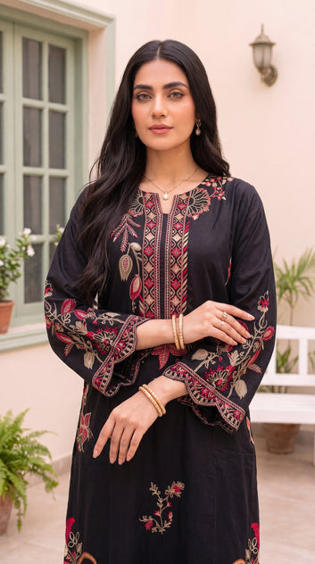 Women's Black Floral Kurta Set PL00768 | Vibrant Embroidery & Ornamental Borders | 2 Piece | Cotton Lawn BLACK / SML