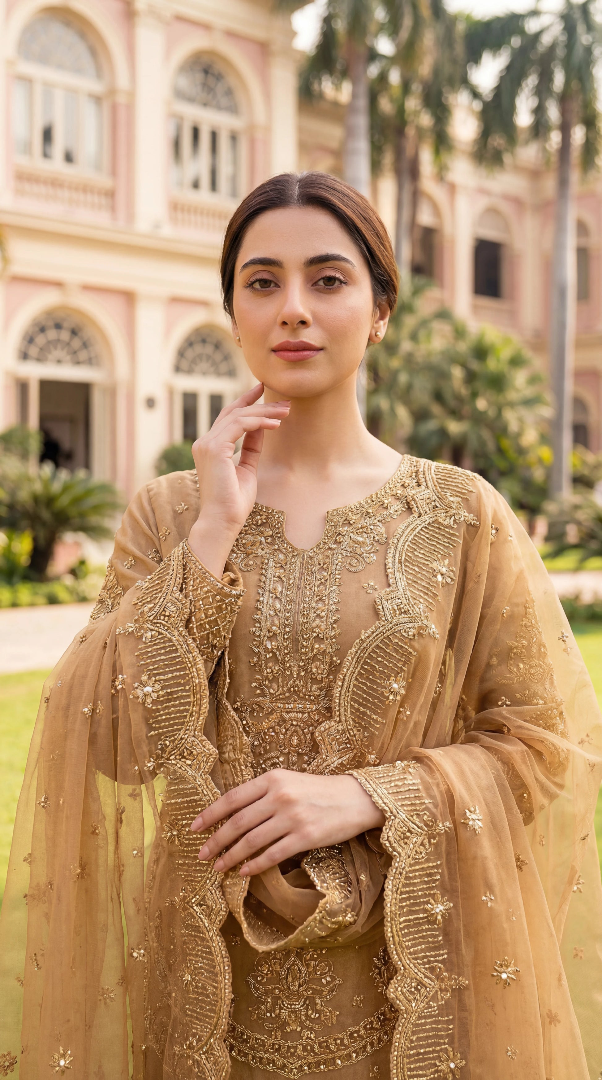 Ladies Luxury Embroidered Suit PL00771 Handcrafted Pearl Work 3 Piece Organza BAGE / SML