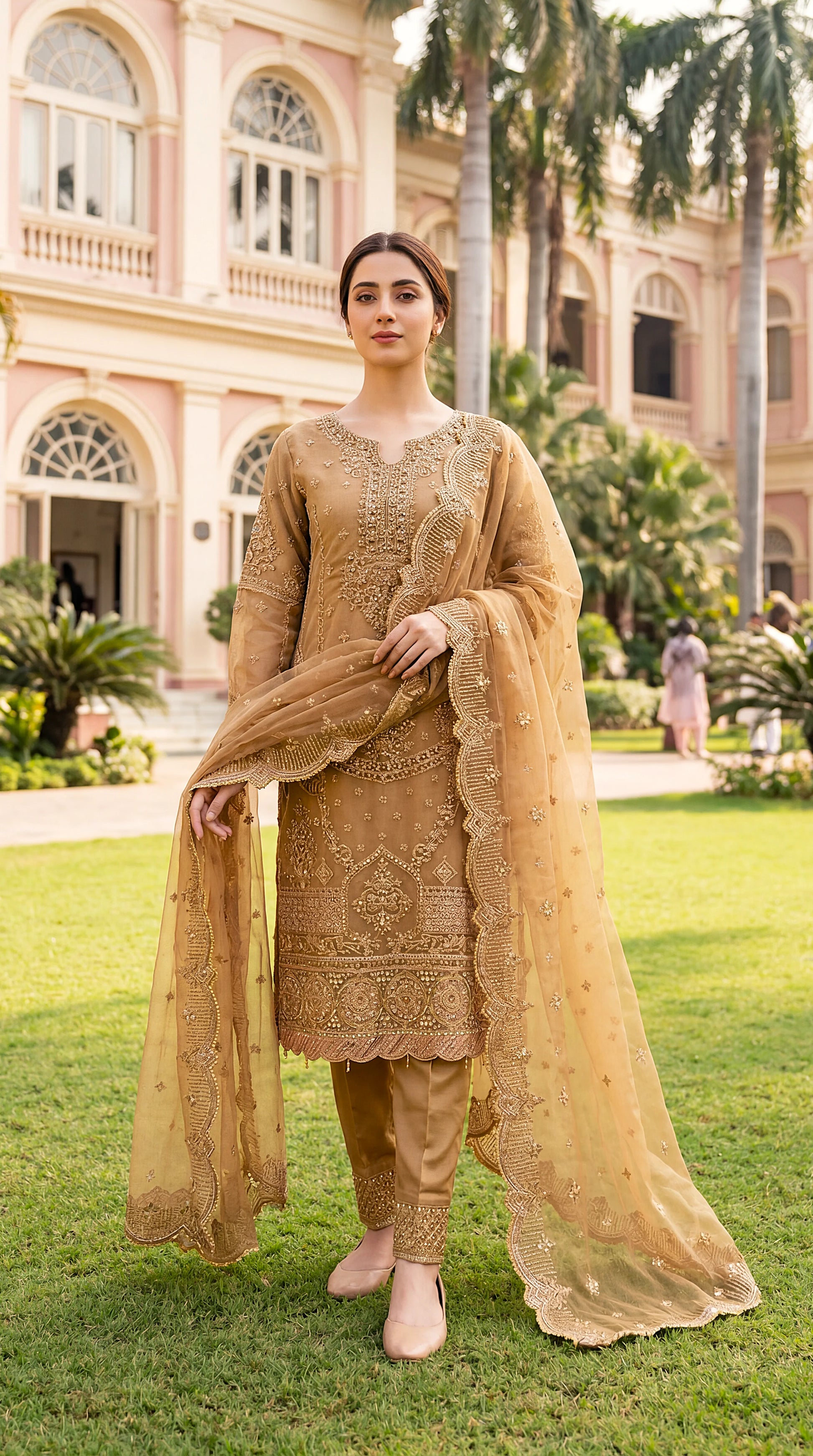 Ladies Luxury Embroidered Suit PL00771 Handcrafted Pearl Work 3 Piece Organza BAGE / SML