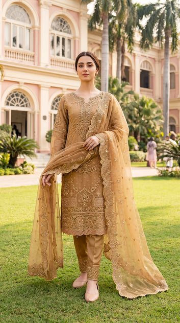 Ladies Luxury Embroidered Suit PL00771 Handcrafted Pearl Work 3 Piece Organza BAGE / SML