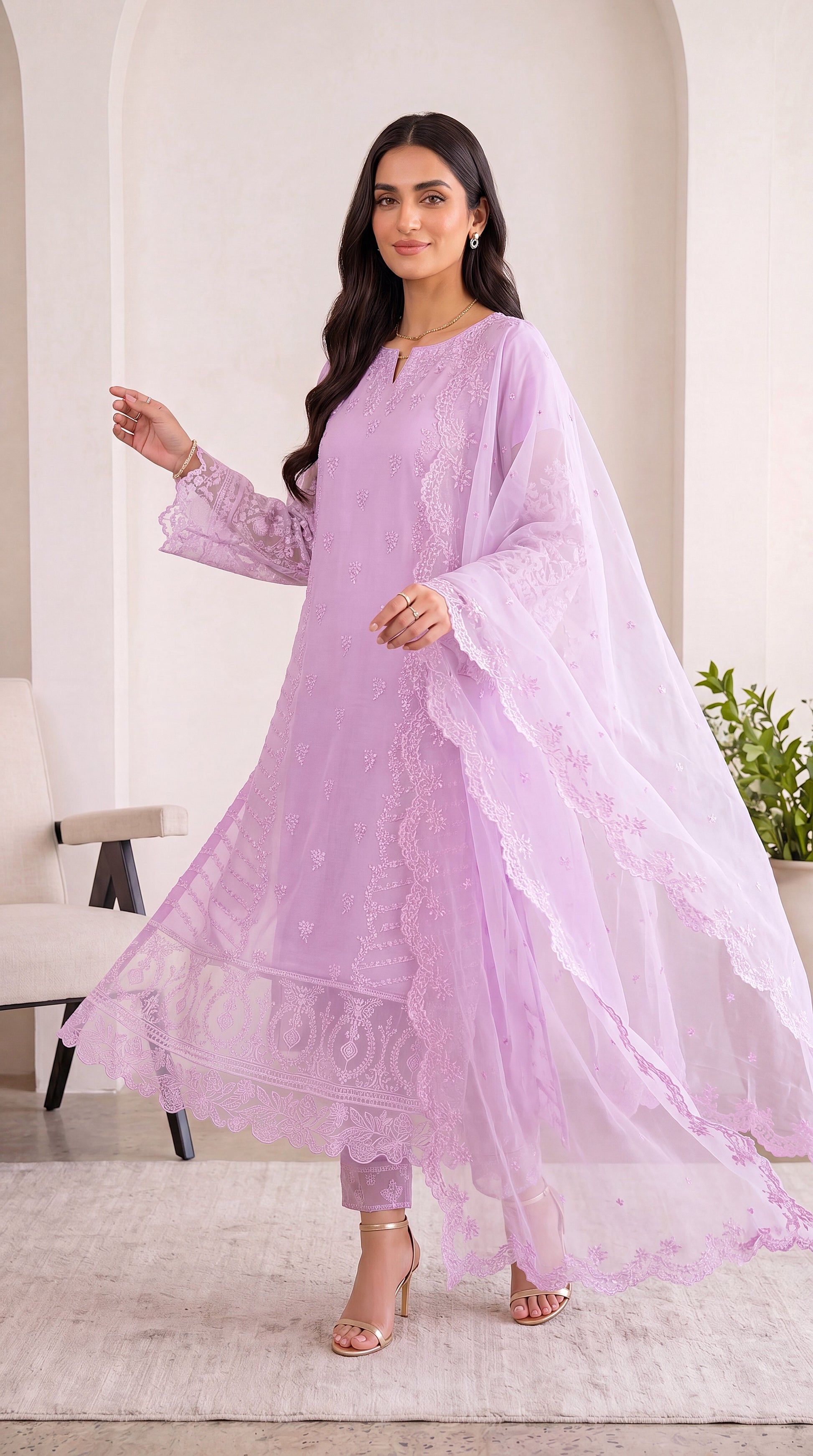 Soft Yellow Premium Lawn Feel & Sequin Touch 3 Piece Women Suit - PL00772 PURPLE / SML