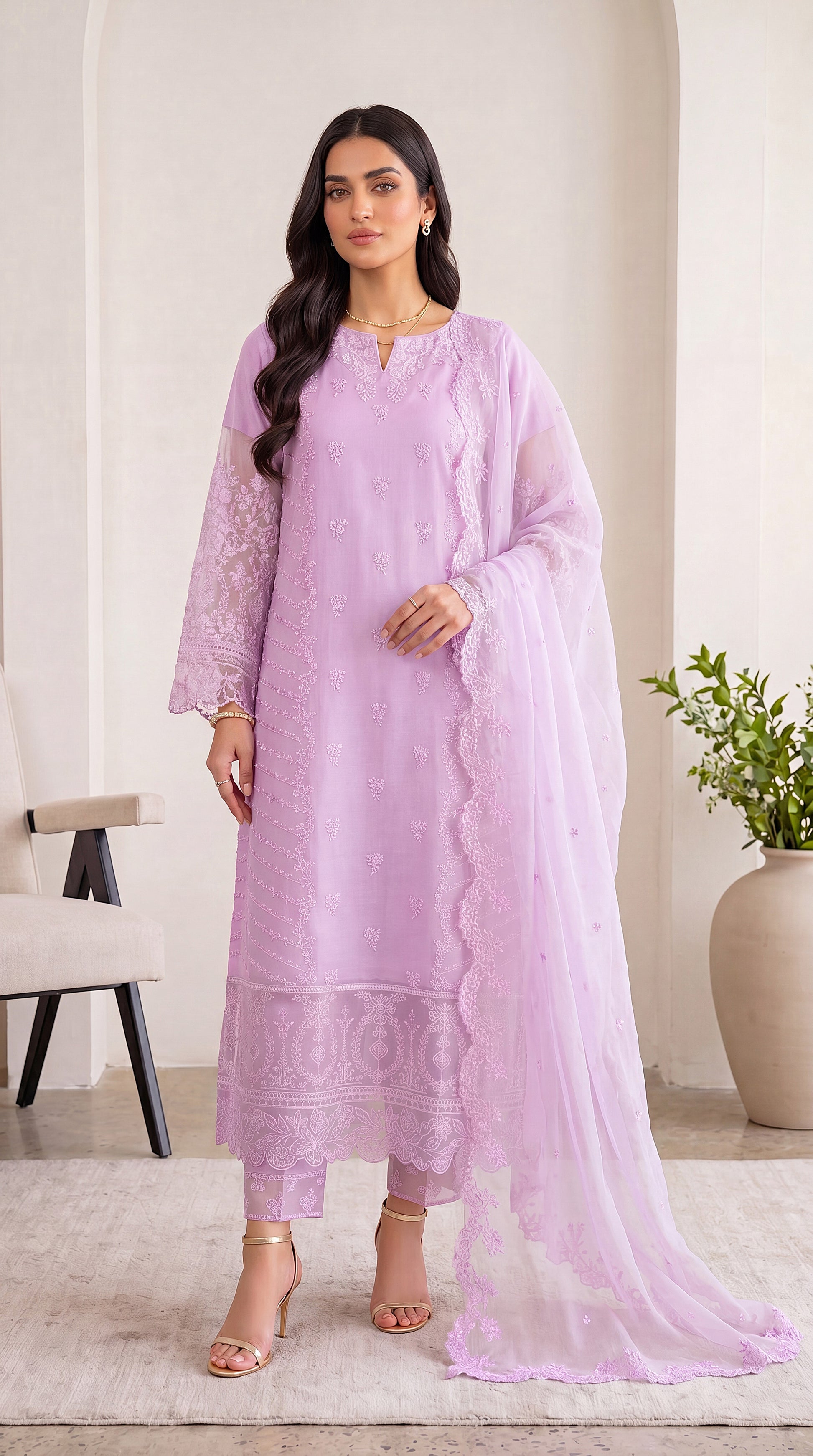 Soft Yellow Premium Lawn Feel & Sequin Touch 3 Piece Women Suit - PL00772 PURPLE / SML