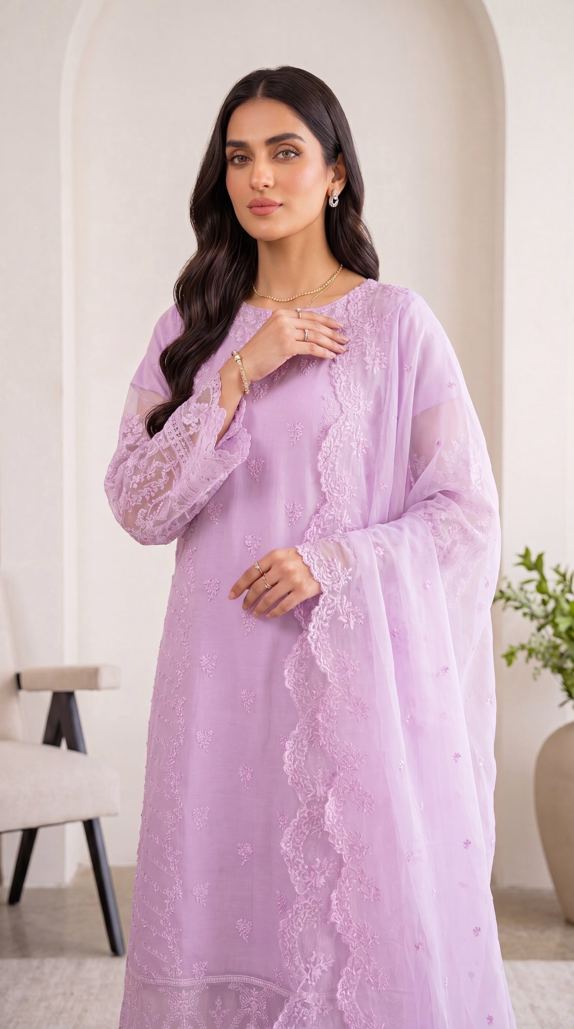 Soft Yellow Premium Lawn Feel & Sequin Touch 3 Piece Women Suit - PL00772 PURPLE / SML