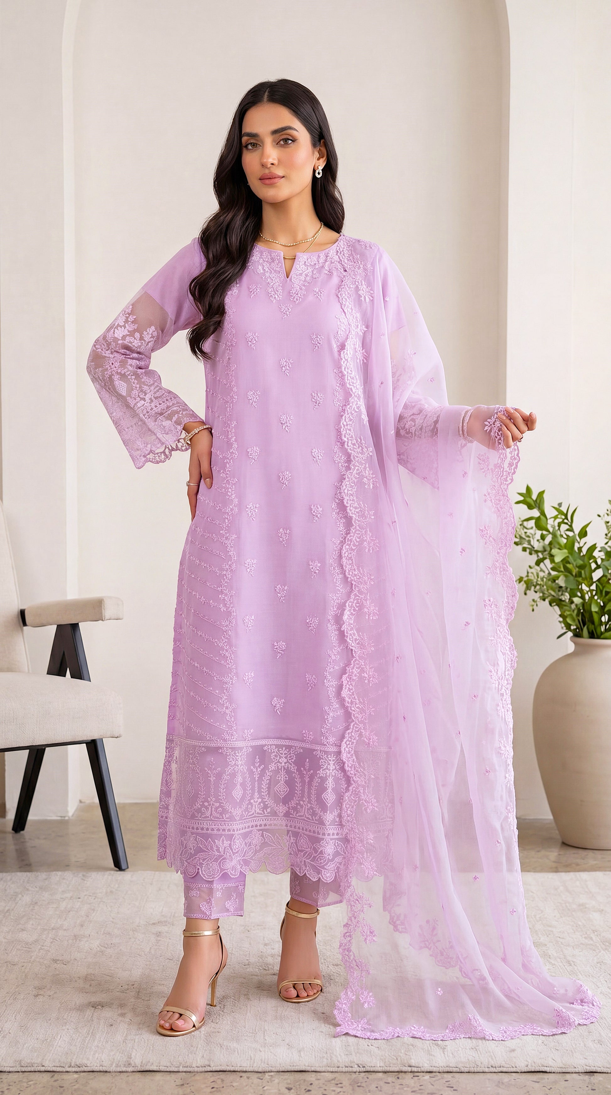 Soft Yellow Premium Lawn Feel & Sequin Touch 3 Piece Women Suit - PL00772 PURPLE / SML