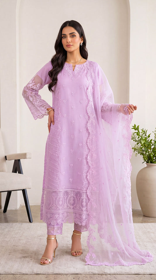 Soft Yellow Premium Lawn Feel & Sequin Touch 3 Piece Women Suit - PL00772 PURPLE / SML