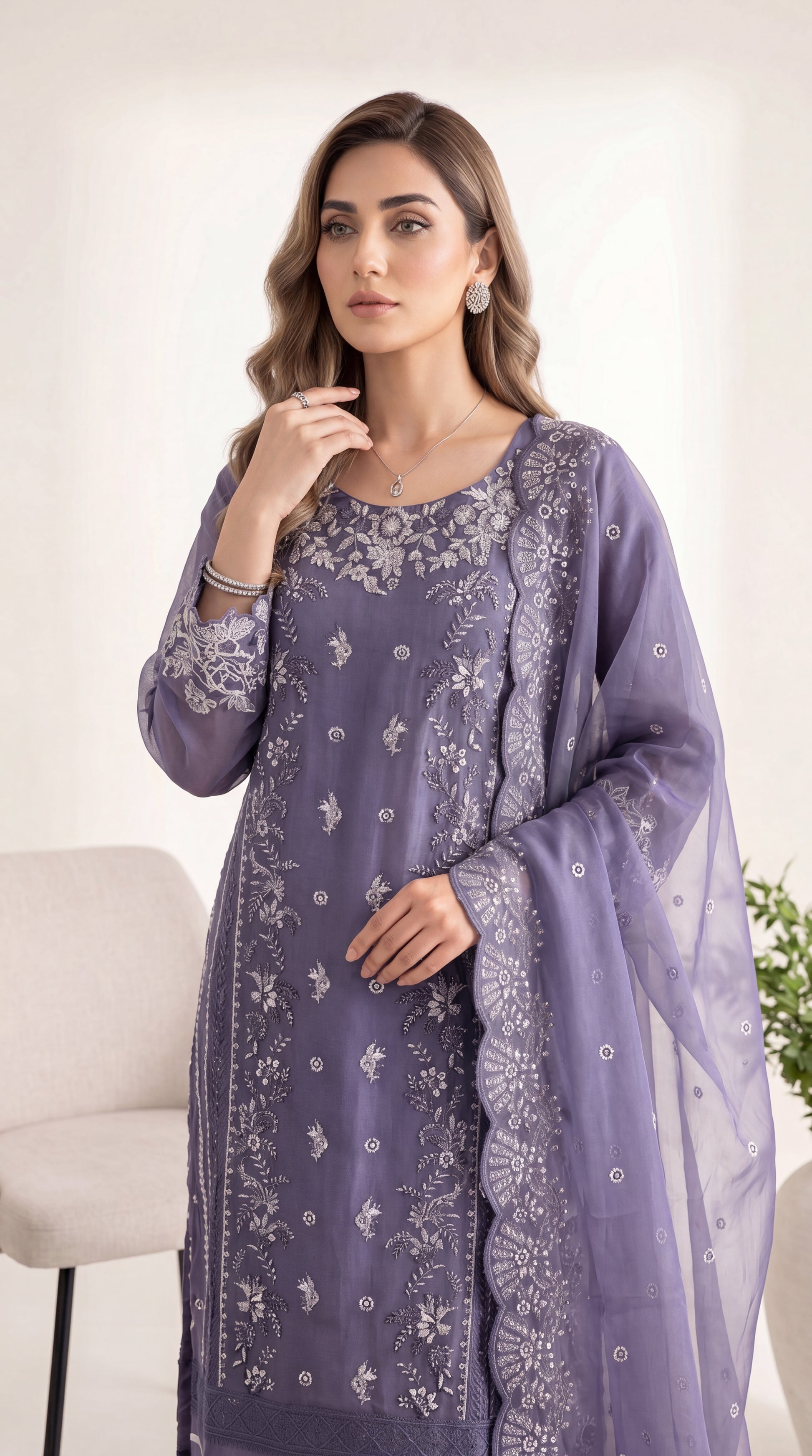 Pearl White Soft Cotton Touch & Emb Trouser 3 Piece Women Suit - PL00774 PURPLE / SML