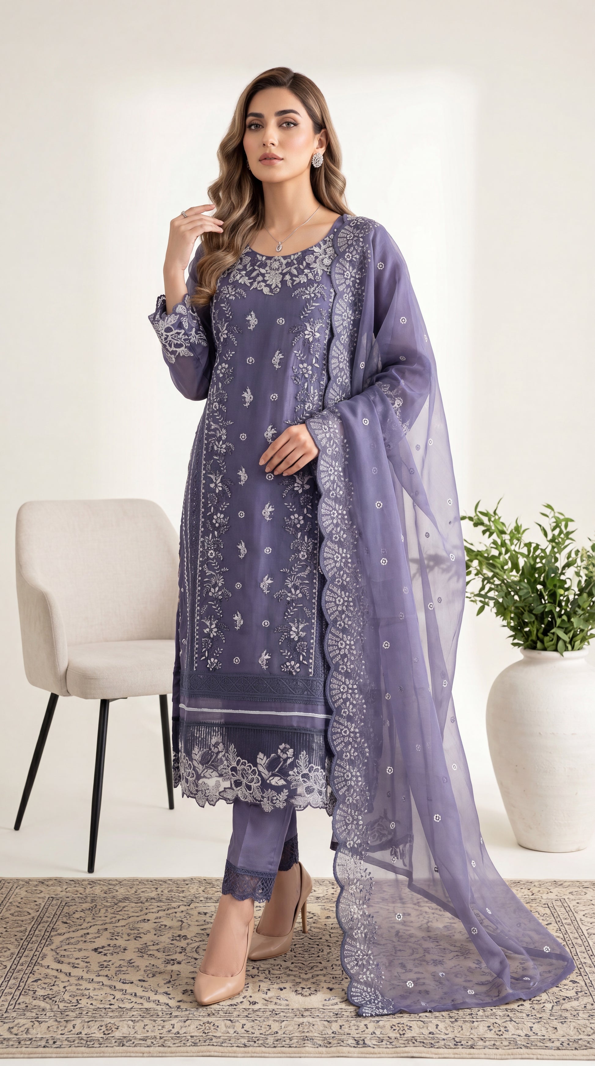 Pearl White Soft Cotton Touch & Emb Trouser 3 Piece Women Suit - PL00774 PURPLE / SML